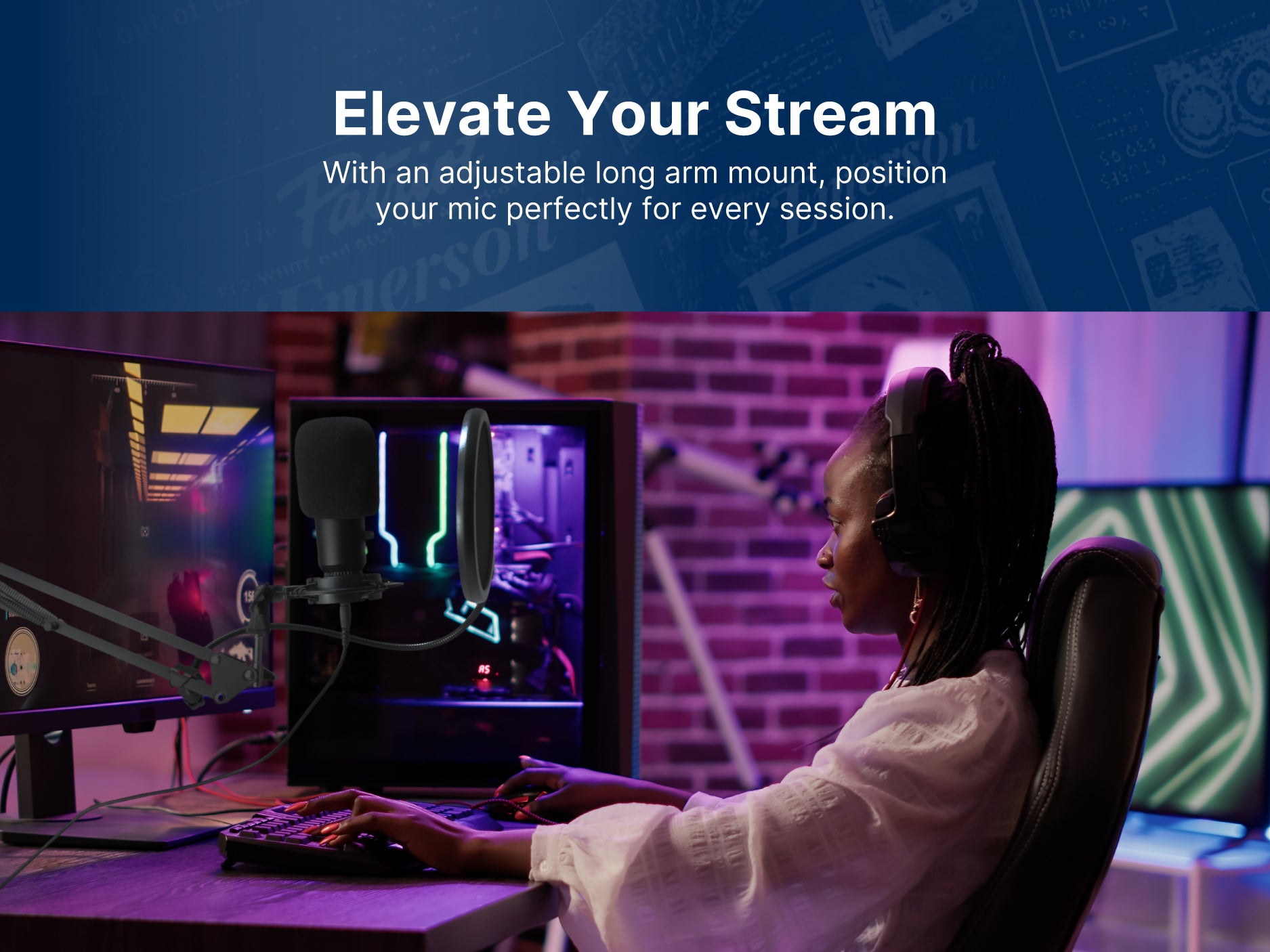 USB Gaming and Streaming Condenser Microphone
with Adjustable Arm, Pop Filter and Shock Mount