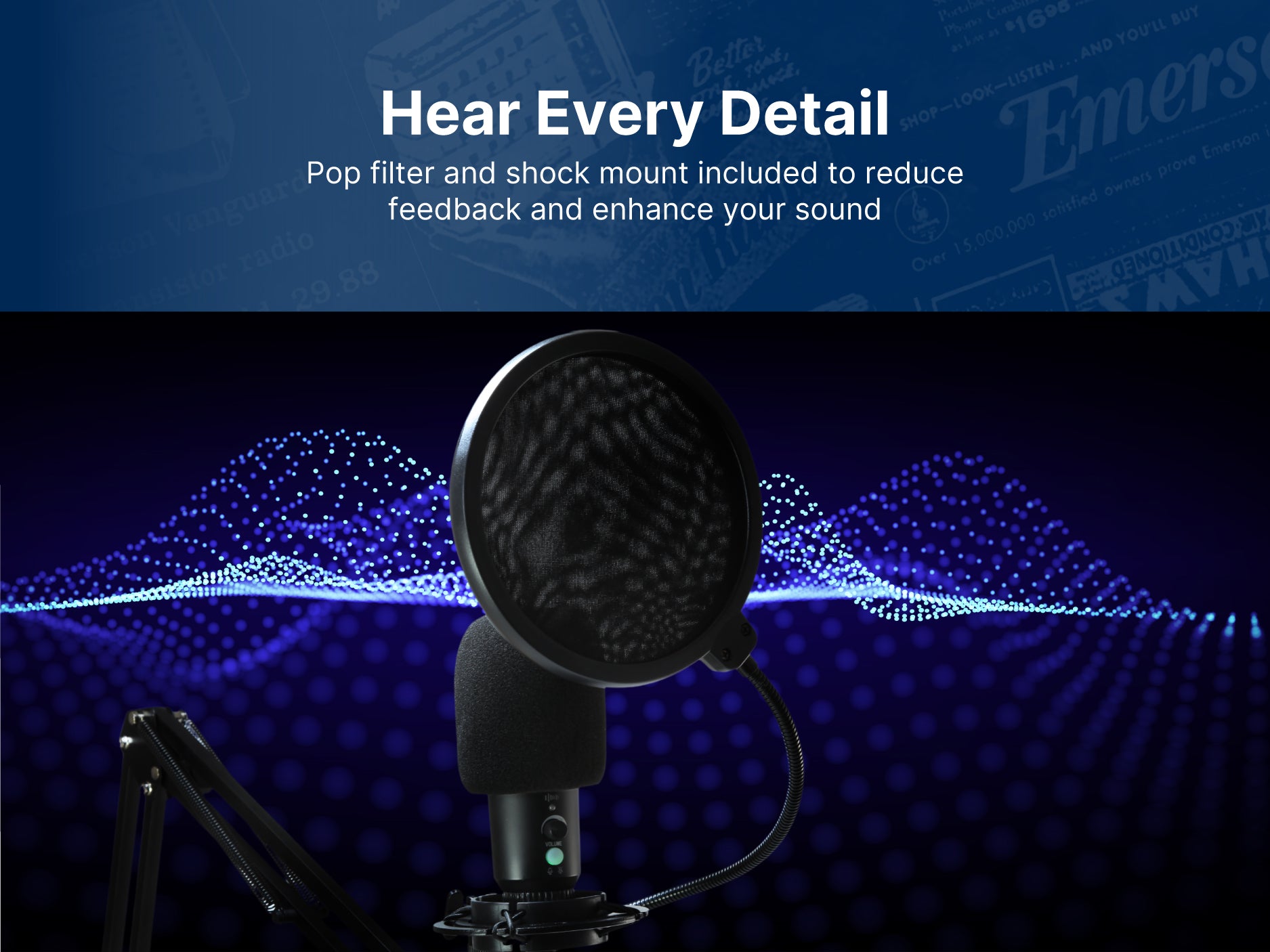 USB Gaming and Streaming Condenser Microphone
with Adjustable Arm, Pop Filter and Shock Mount