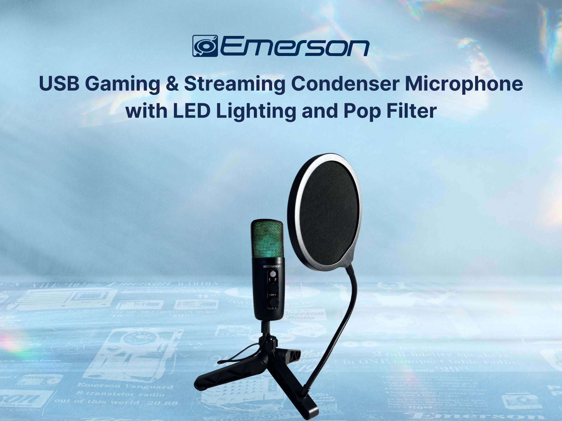 USB Gaming and Streaming Condenser Microphone 
with LED Lighting and Pop Filter