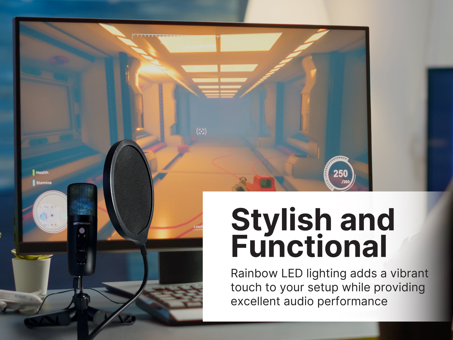 USB Gaming and Streaming Condenser Microphone 
with LED Lighting and Pop Filter