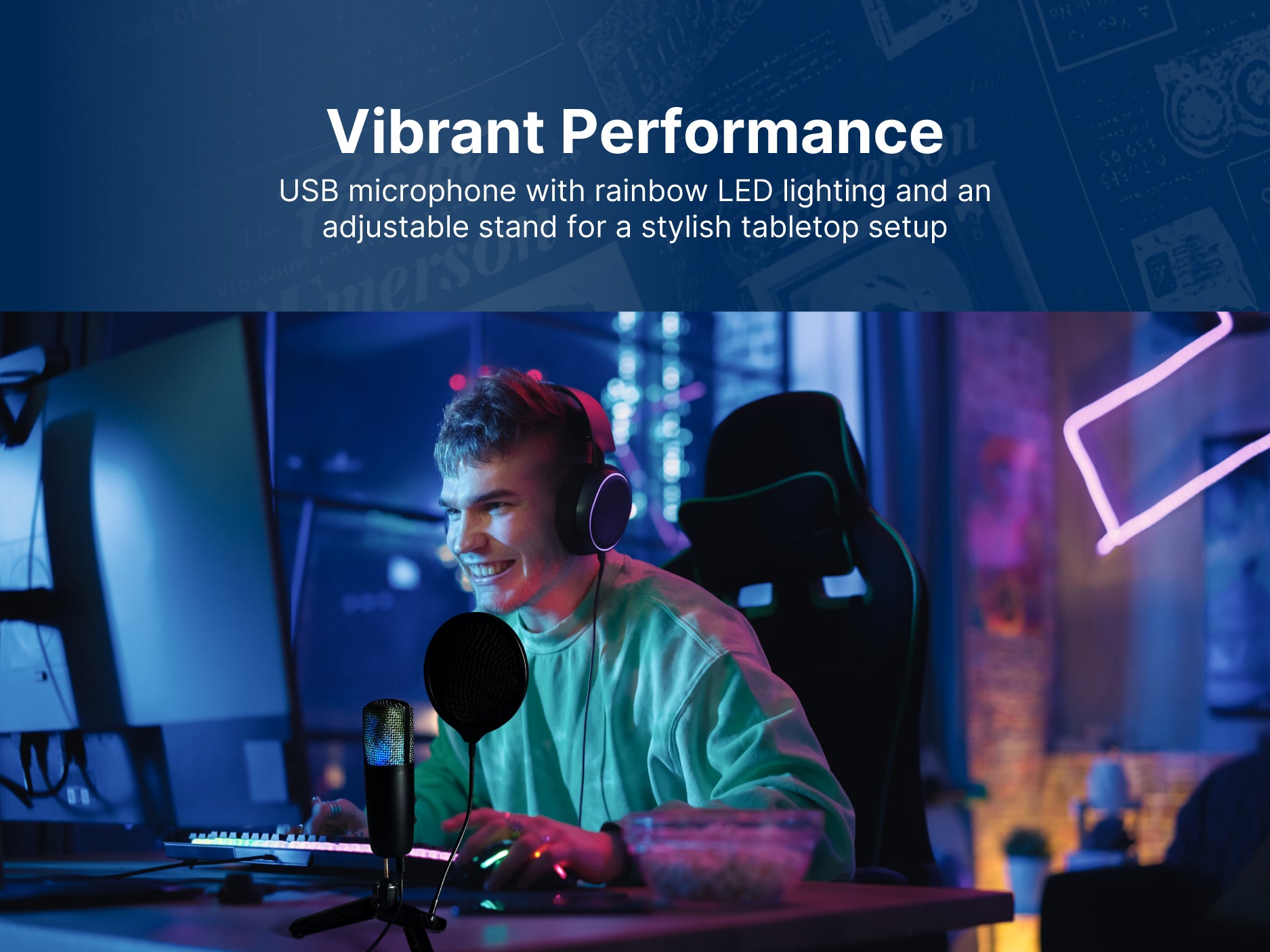 USB Gaming and Streaming Condenser Microphone 
with LED Lighting and Pop Filter