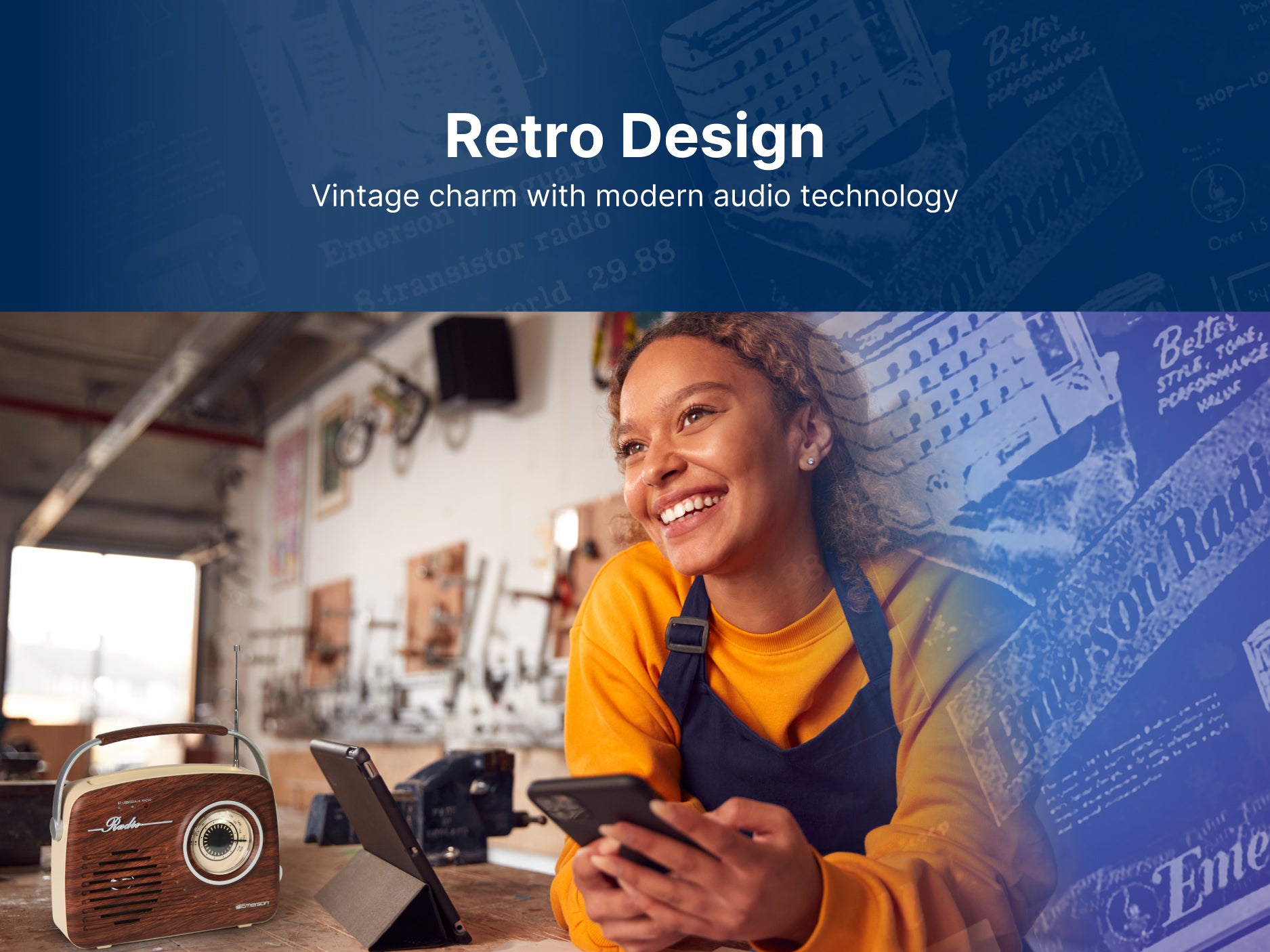 Portable Bluetooth® Retro Radio with Built-in Rechargeable Battery