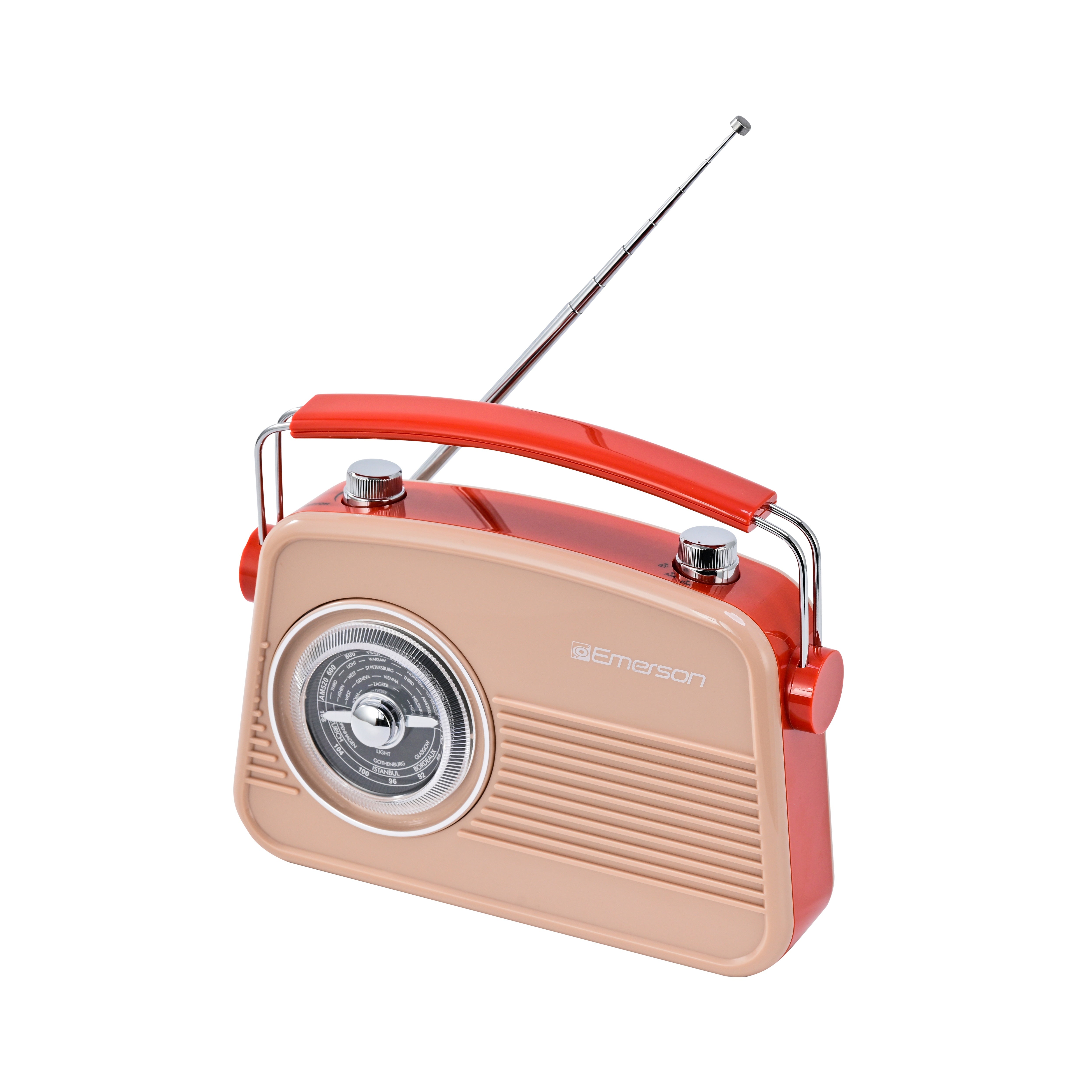 Emerson EAS-3009 retro Bluetooth radio in Cream — front angle with antenna extended