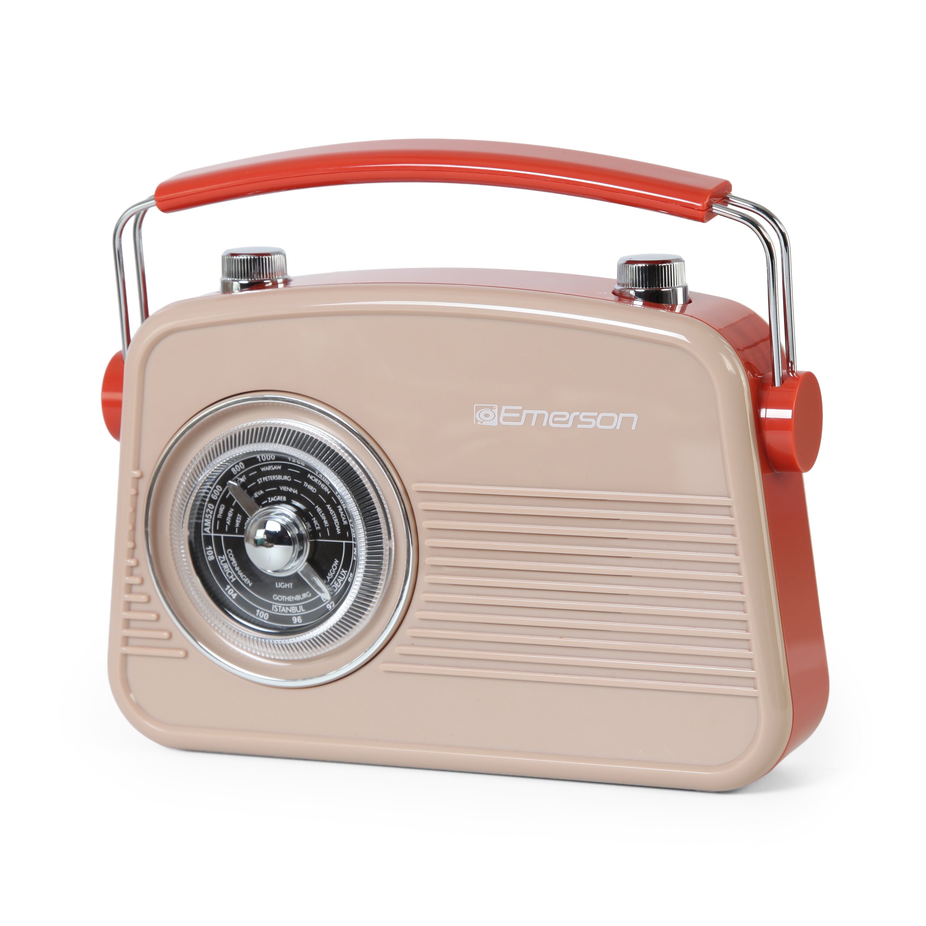 Emerson EAS-3009 retro Bluetooth radio in Cream — angled side view with carry handle
