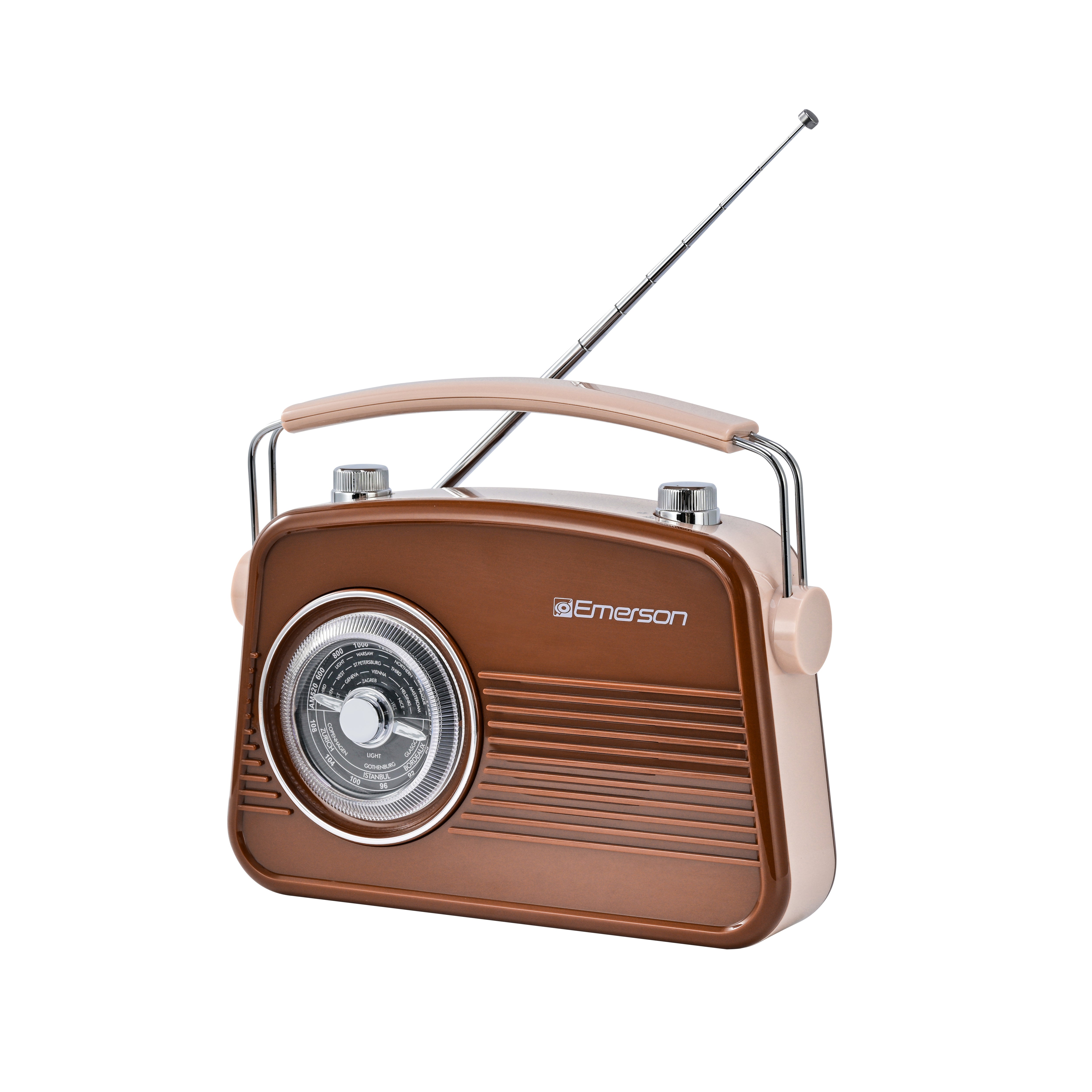 Emerson EAS-3009 retro Bluetooth radio in Espresso — front angle with antenna extended