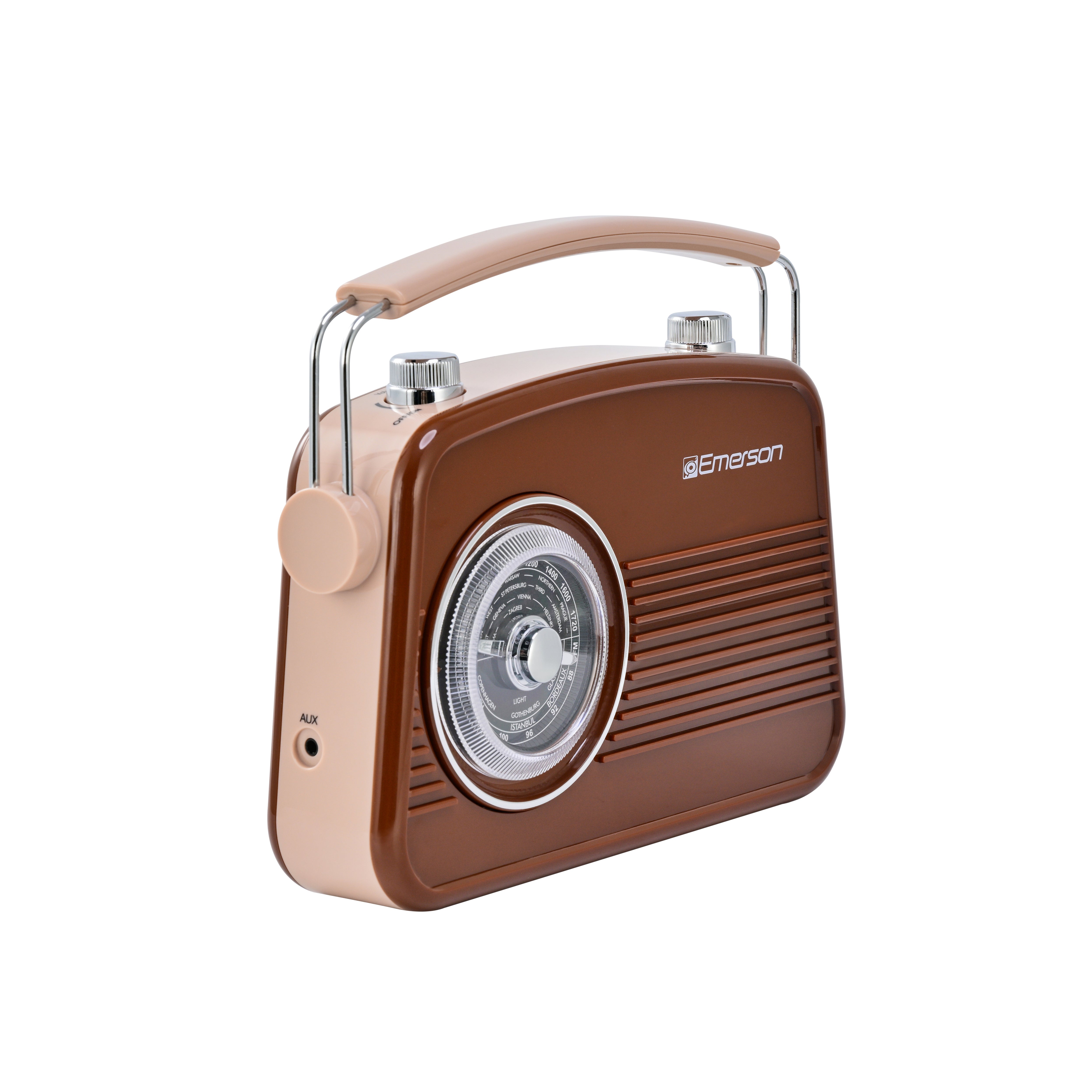 Emerson EAS-3009 retro Bluetooth radio in Espresso — front angle view
