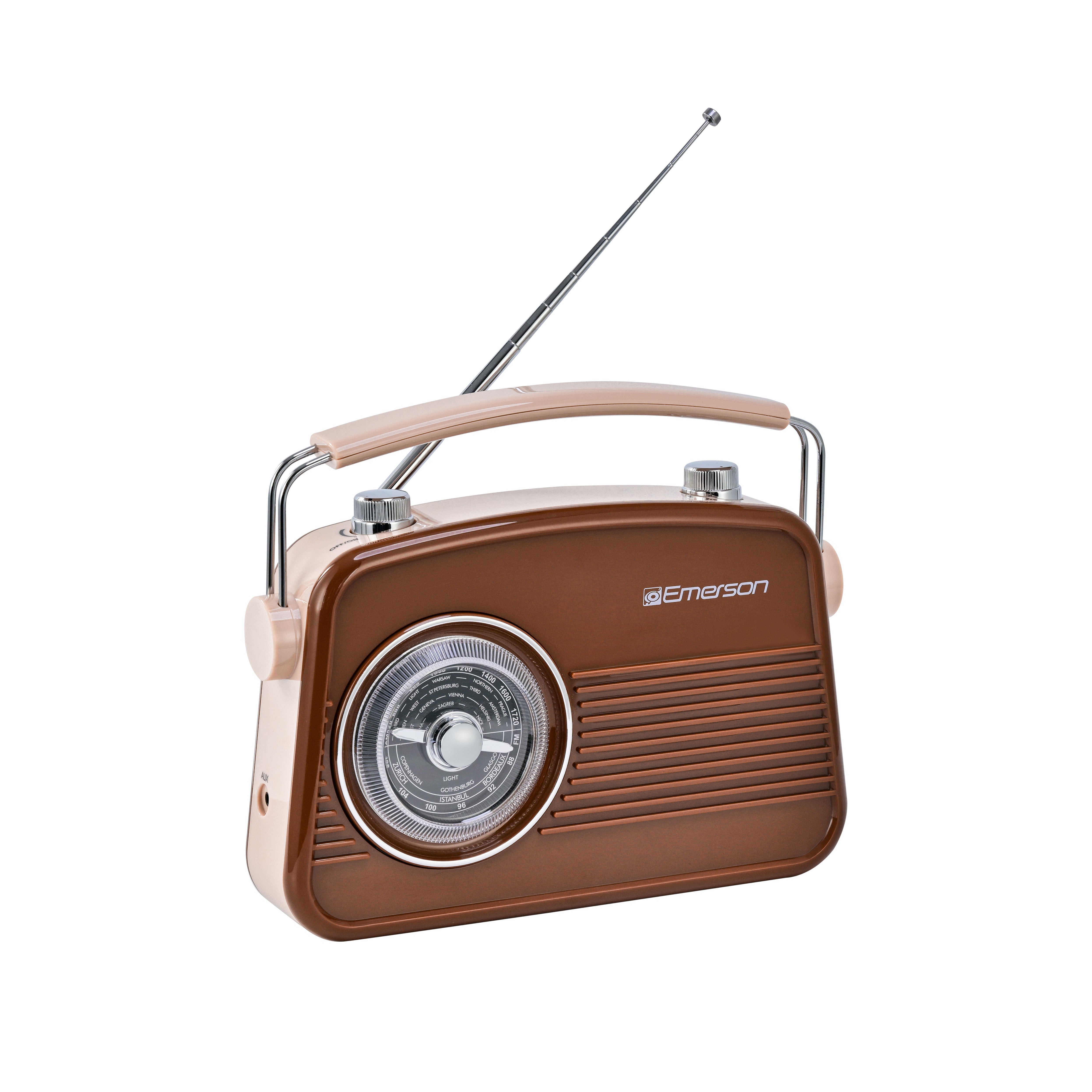 Emerson EAS-3009 retro Bluetooth radio in Espresso — second front angle with antenna extended