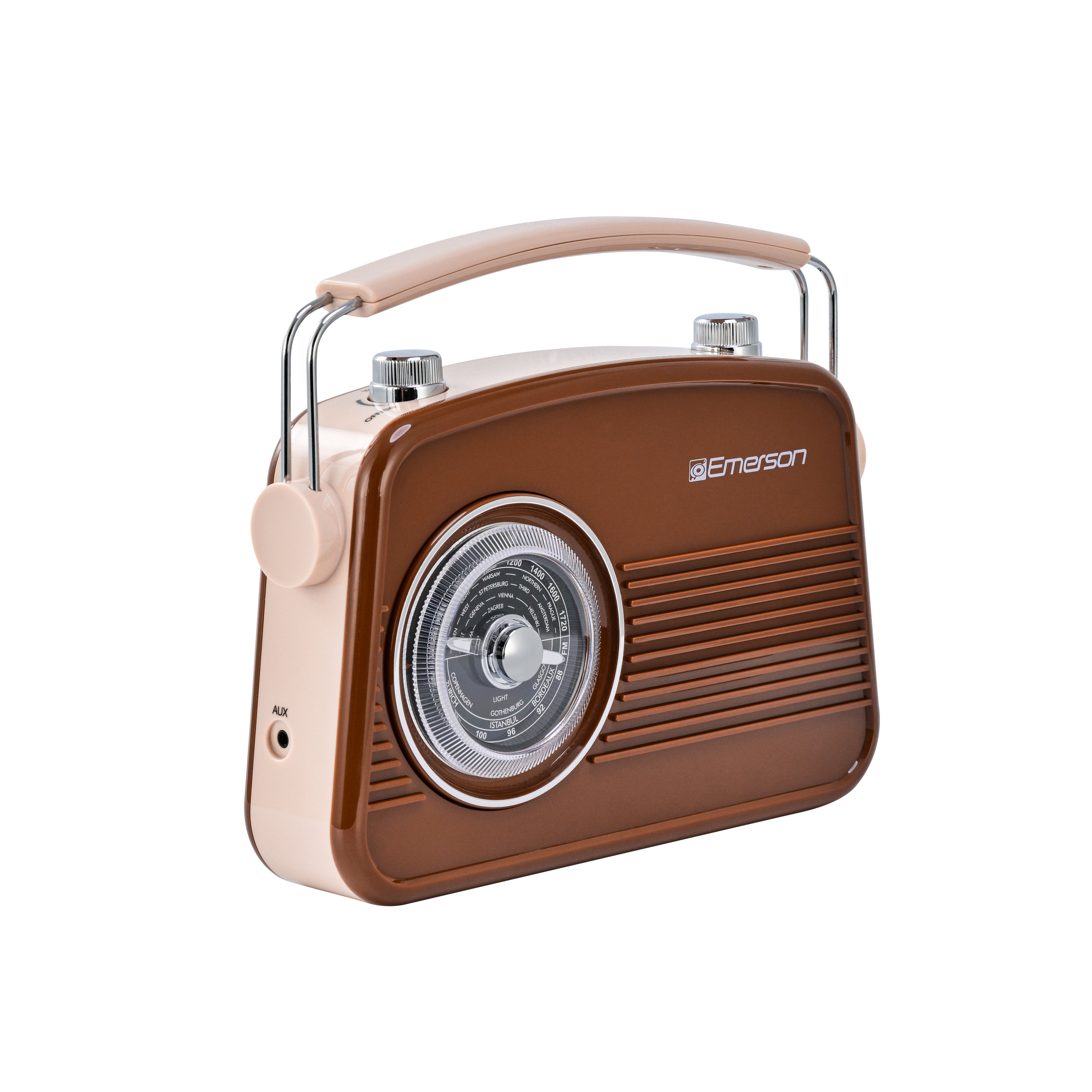 Emerson EAS-3009 retro Bluetooth radio in Espresso — second front angle view