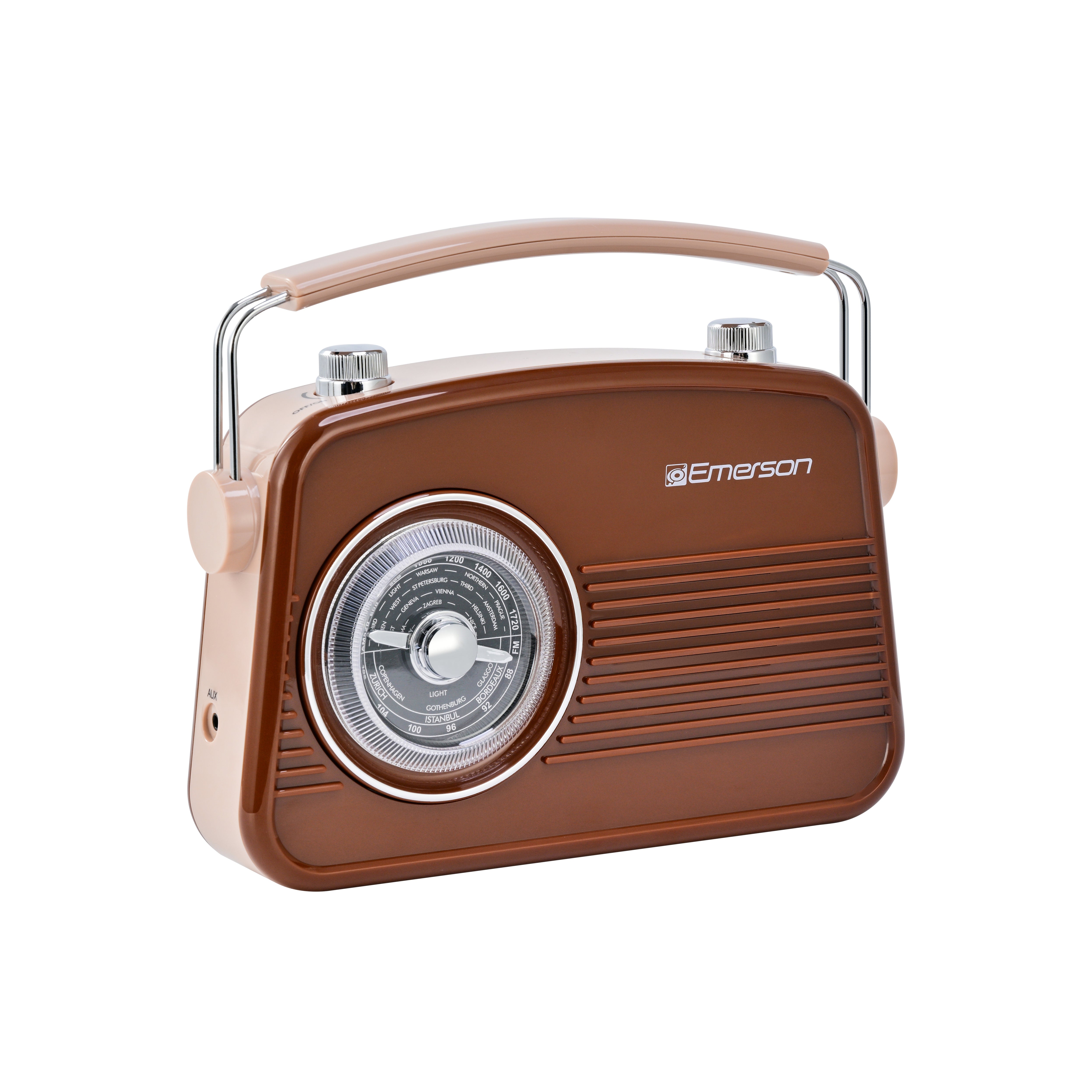 Emerson EAS-3009 retro Bluetooth radio in Espresso — third front angle view