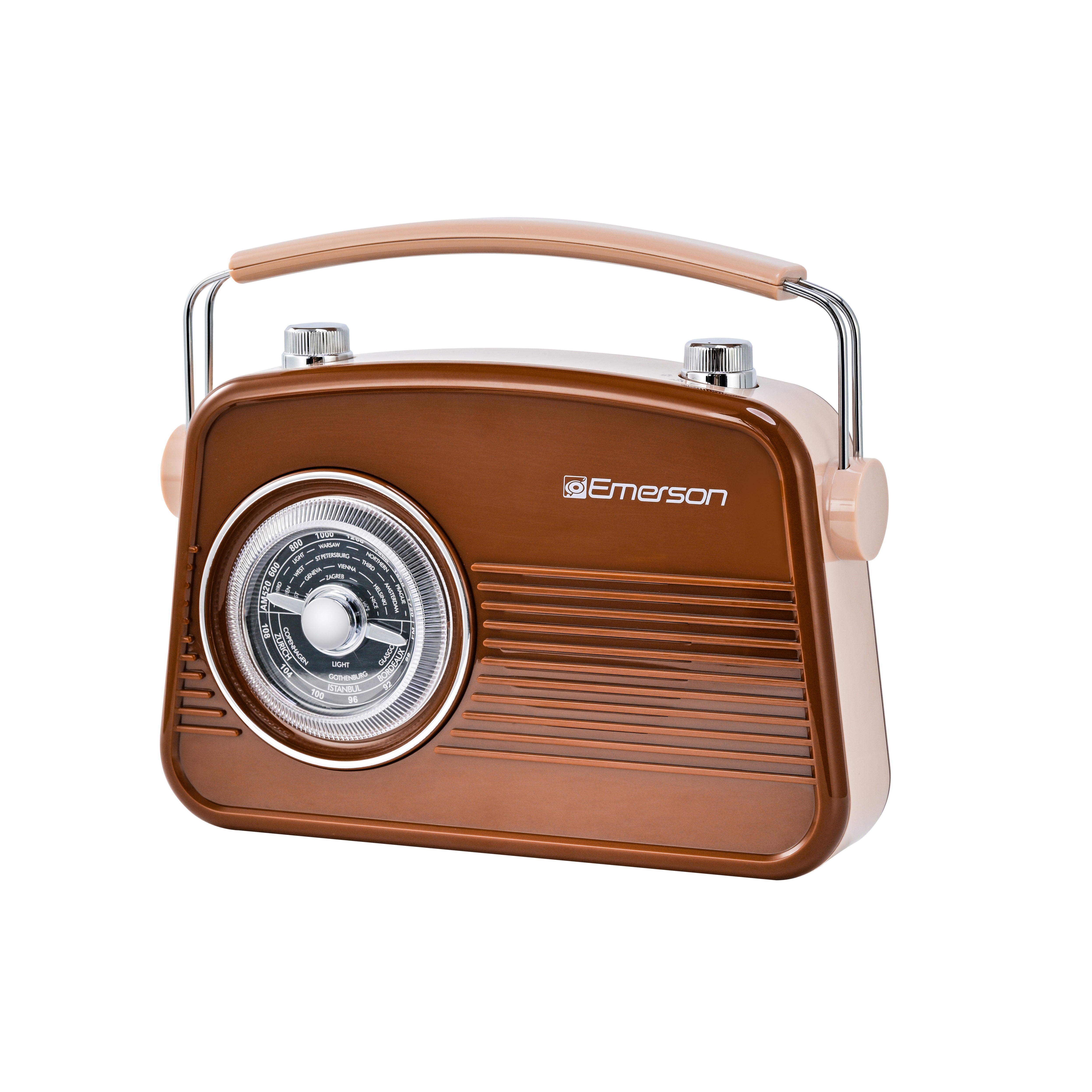 Emerson EAS-3009 retro Bluetooth radio in Espresso — fourth front angle view