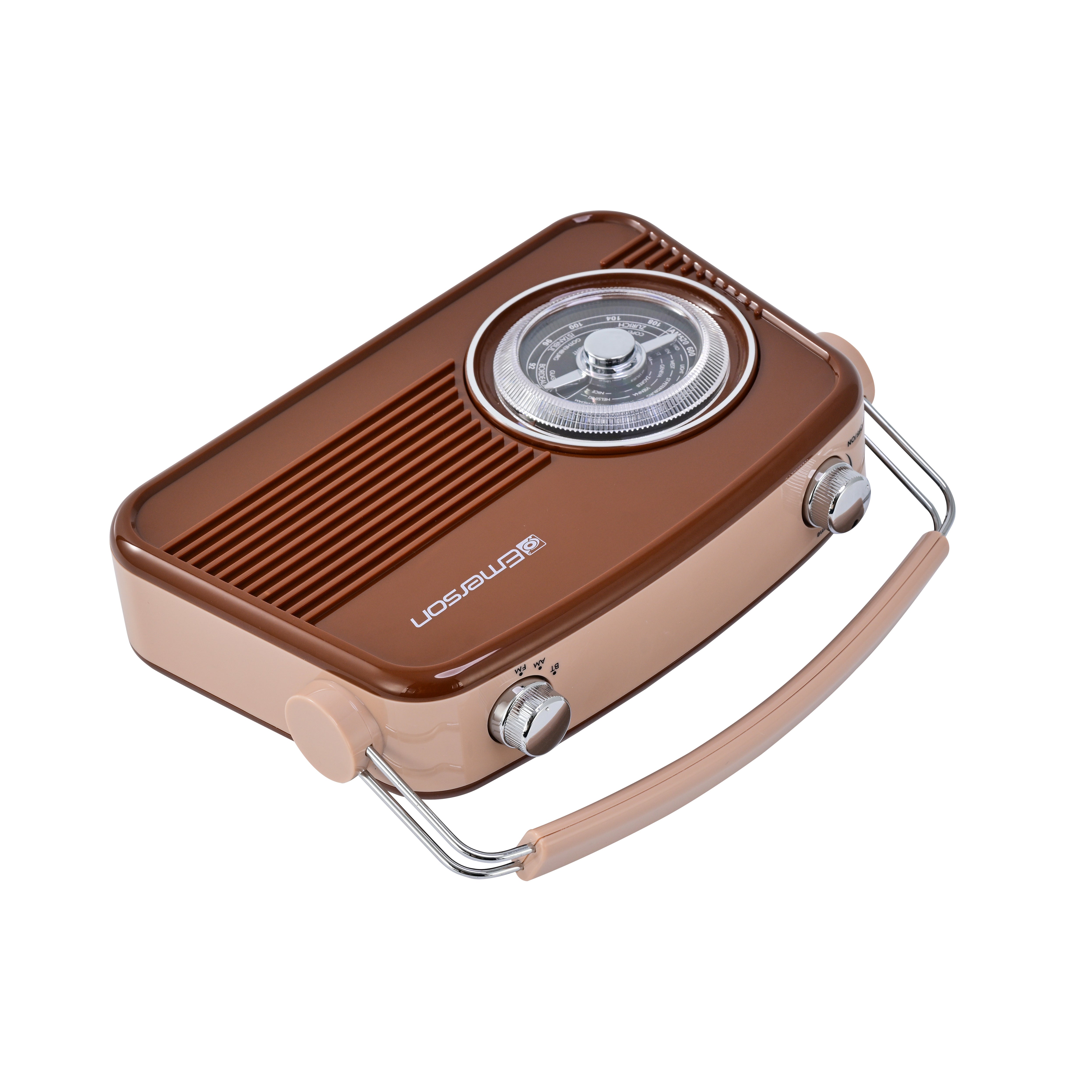 Emerson EAS-3009 retro Bluetooth radio in Espresso — top angle showing control knobs
