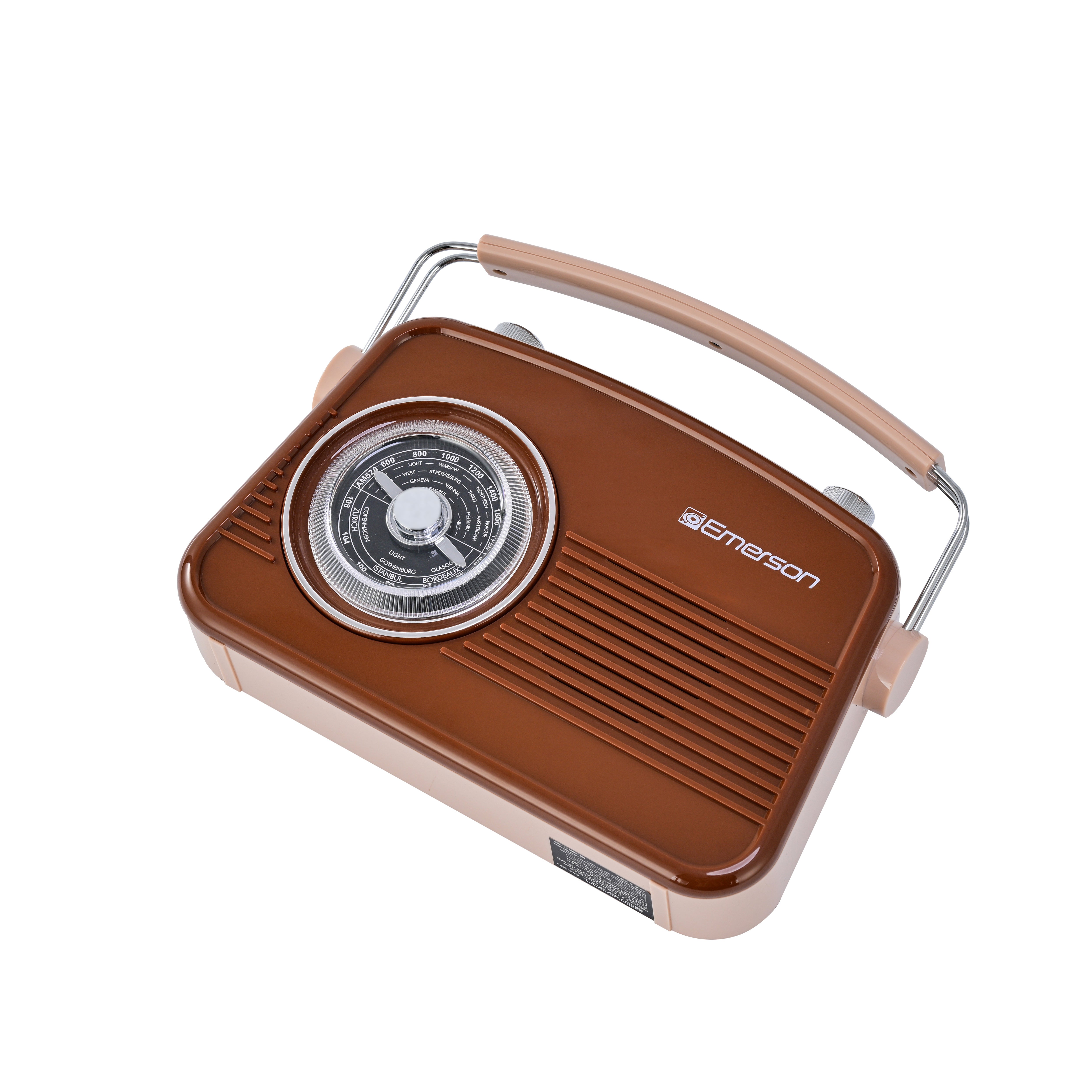 Emerson EAS-3009 retro Bluetooth radio in Espresso — elevated top angle view