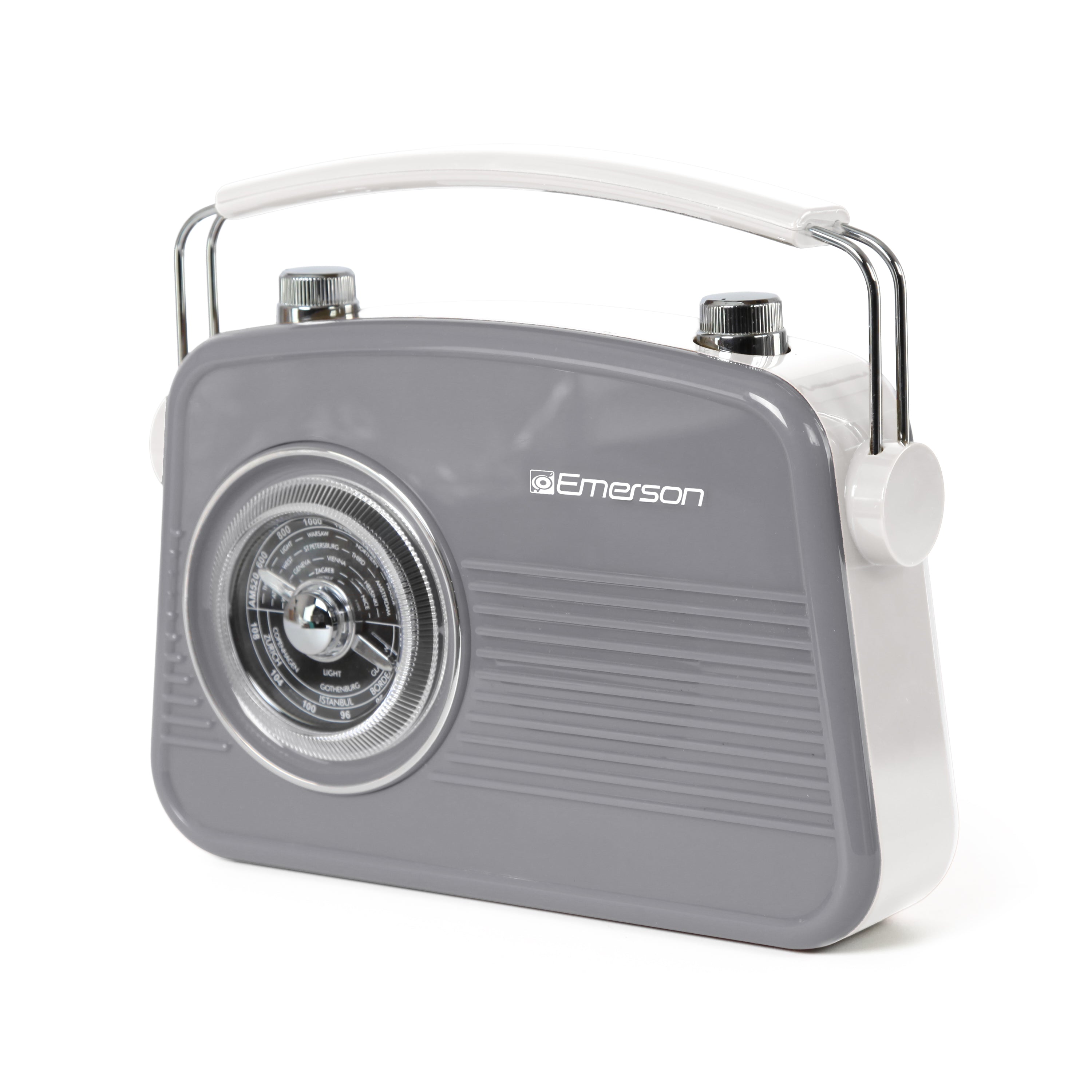 Emerson EAS-3009 portable retro Bluetooth radio — angled side view with carry handle