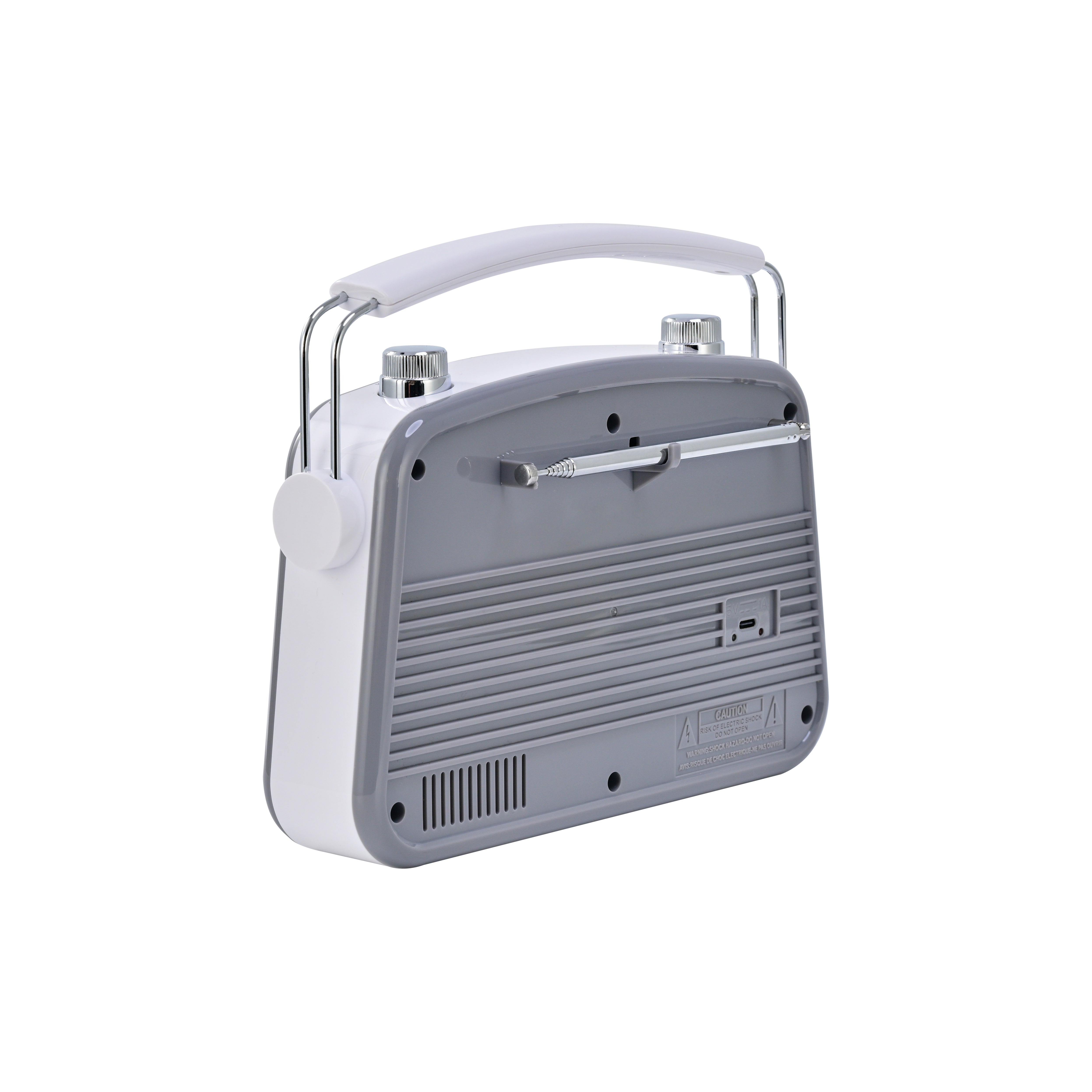 Emerson EAS-3009 retro Bluetooth radio in Gray — back angle view