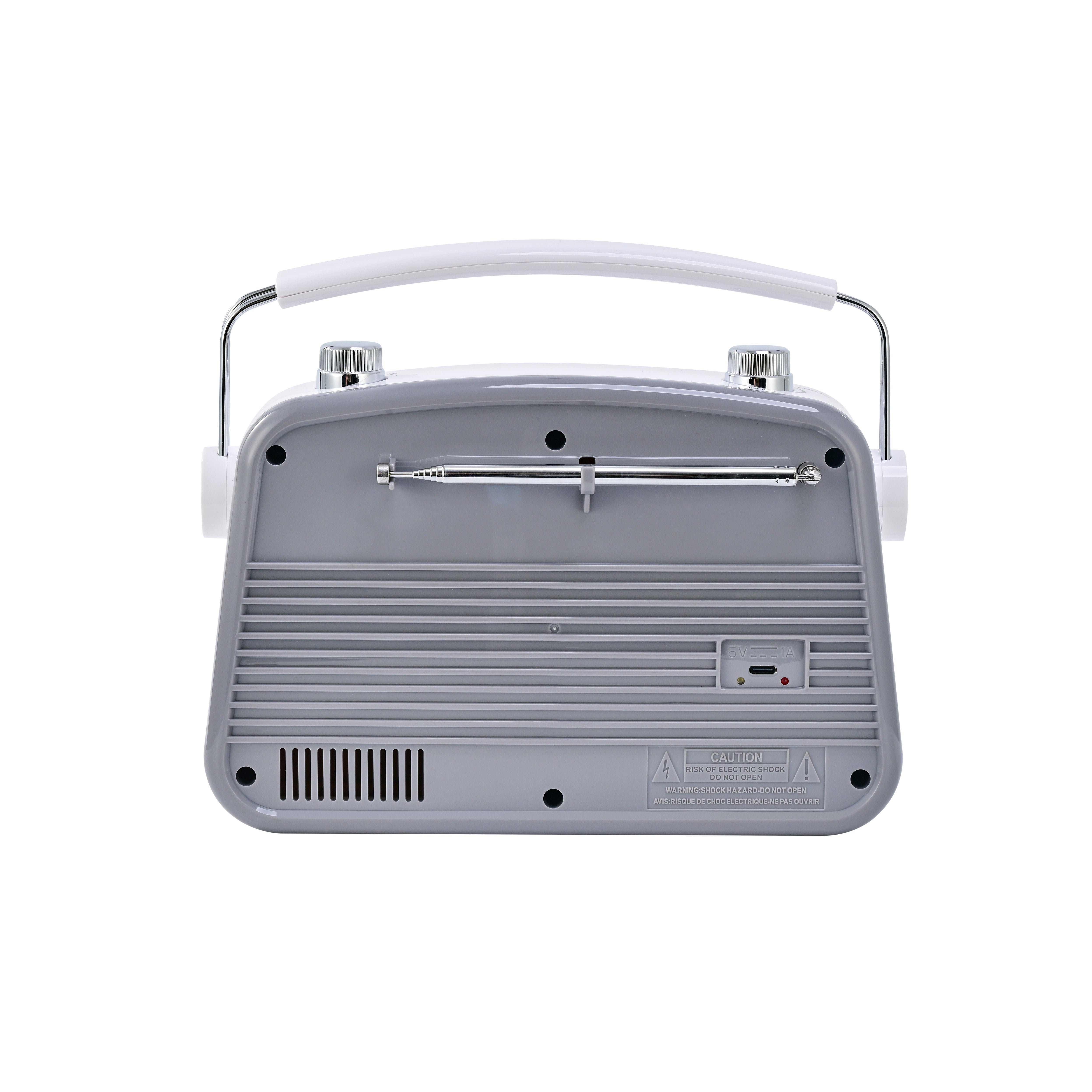 Emerson EAS-3009 retro Bluetooth radio in Gray — rear view showing ports