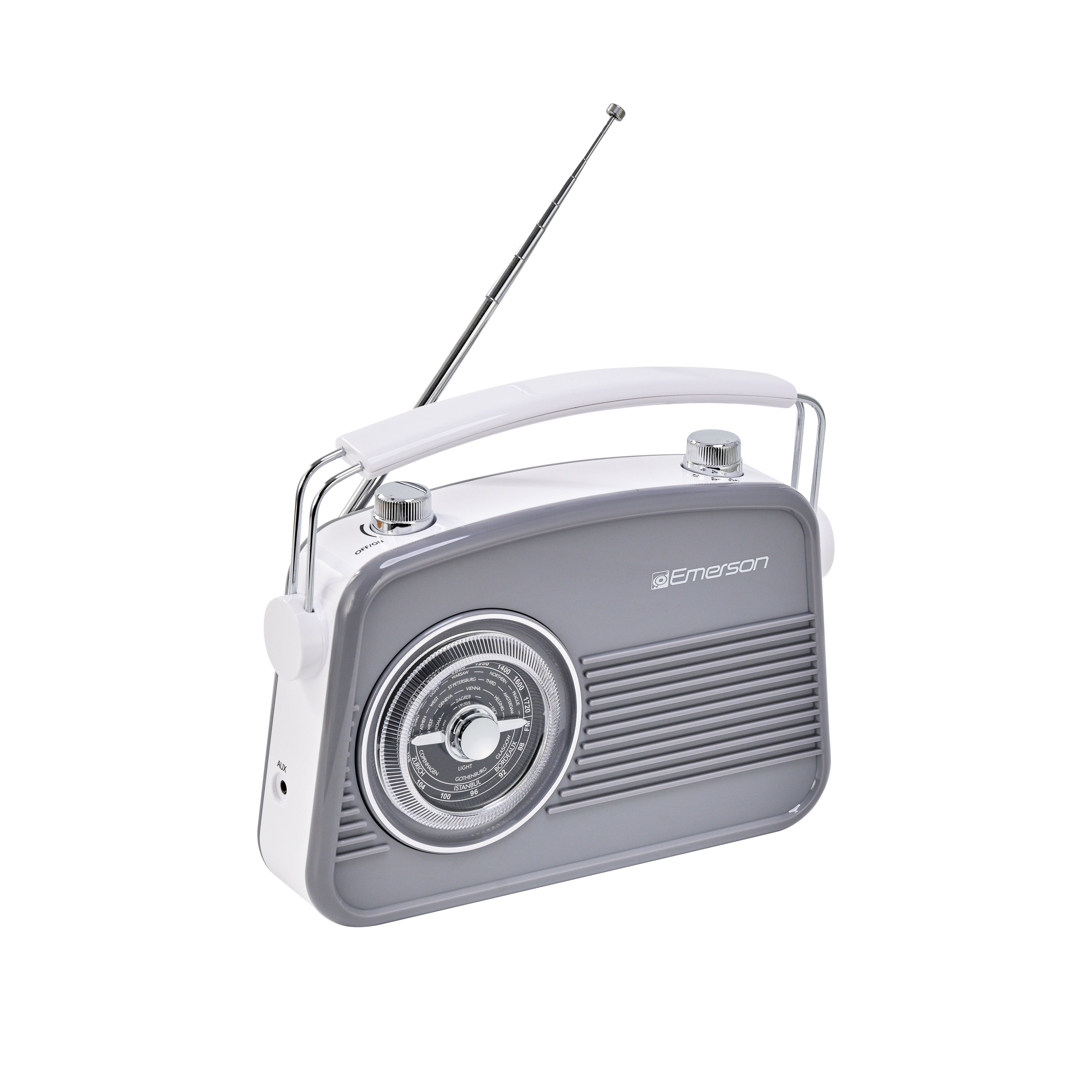 Emerson EAS-3009 retro Bluetooth radio in Gray — front angle with antenna extended