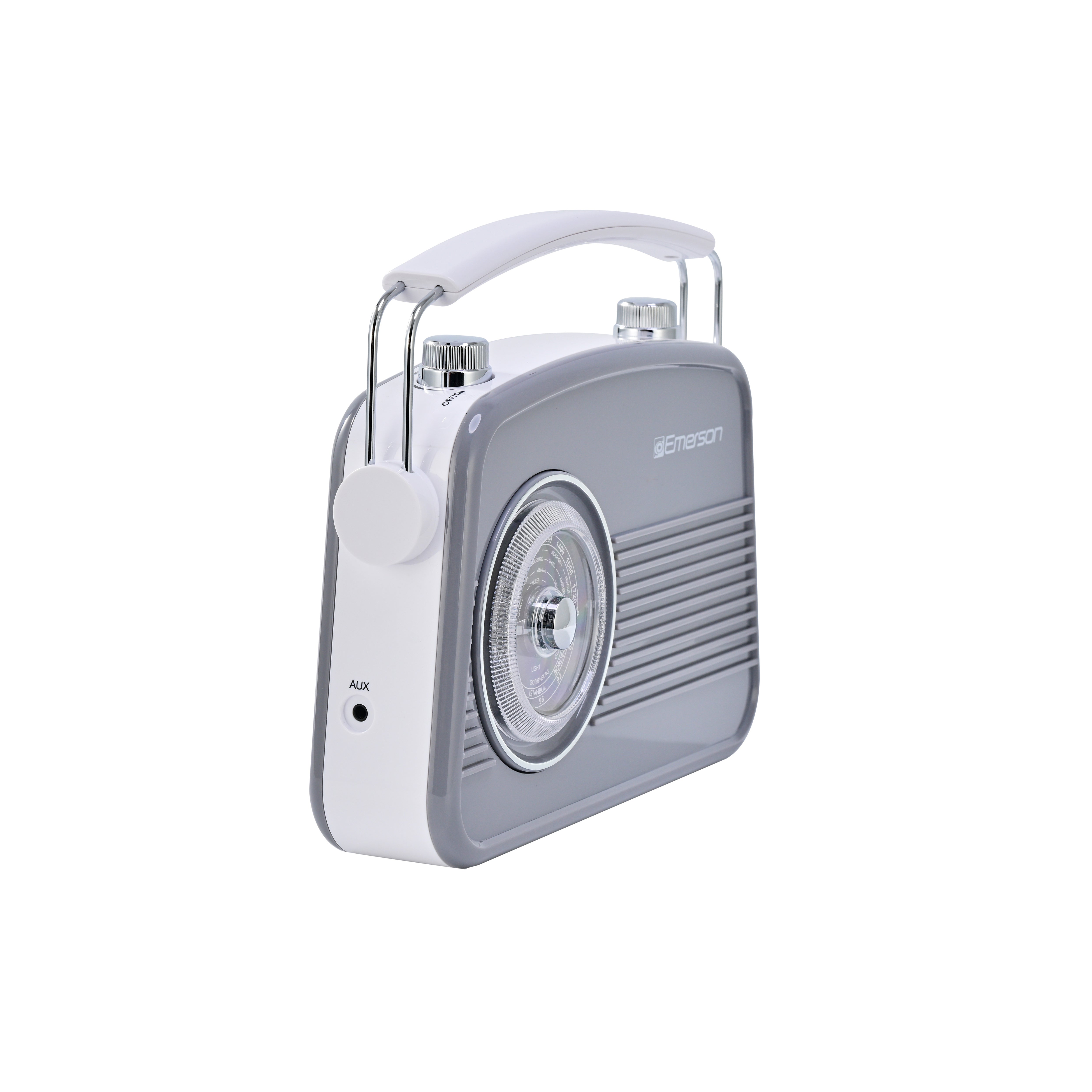 Emerson EAS-3009 retro Bluetooth radio in Gray — front angle view