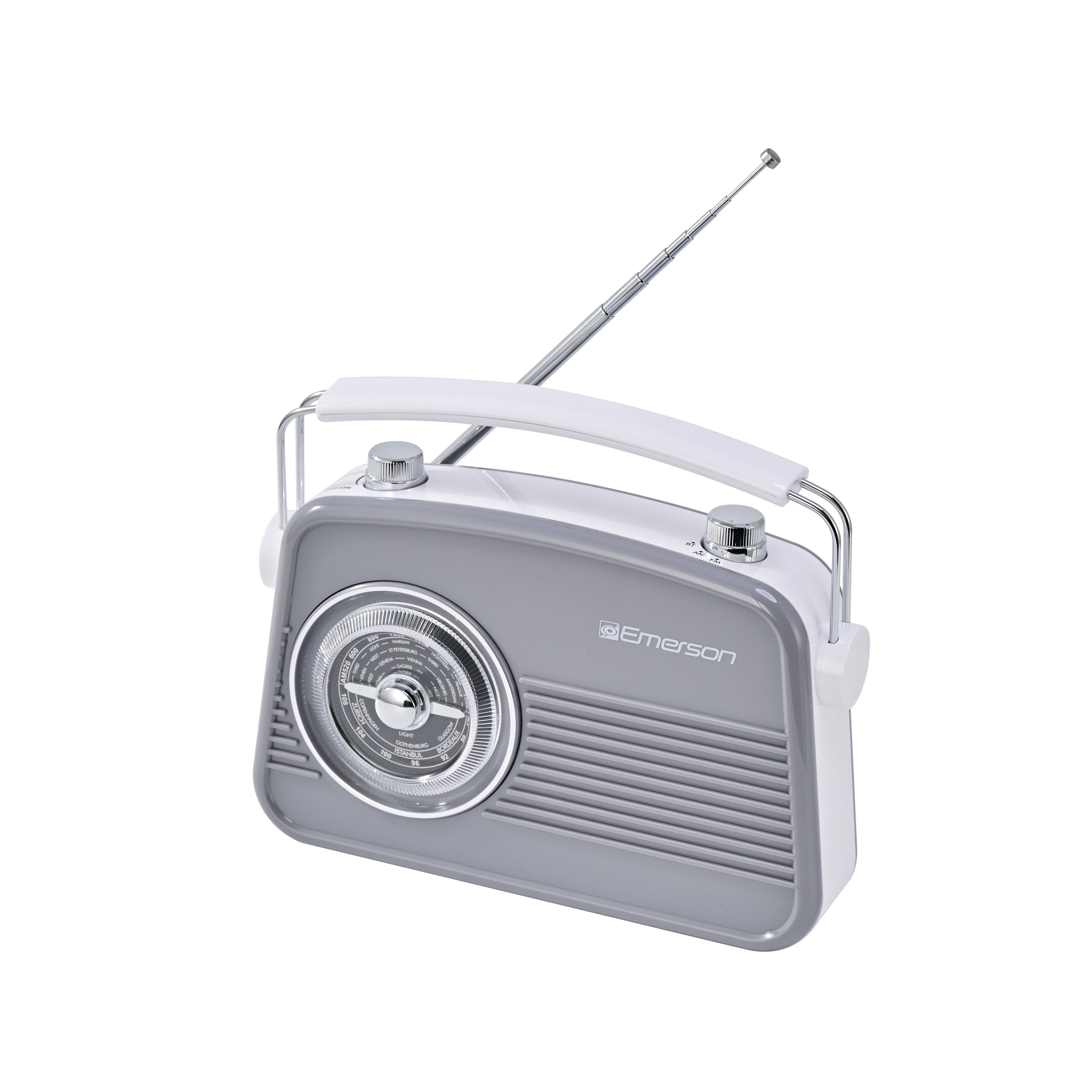 Emerson EAS-3009 retro Bluetooth radio in Gray — second front angle with antenna extended
