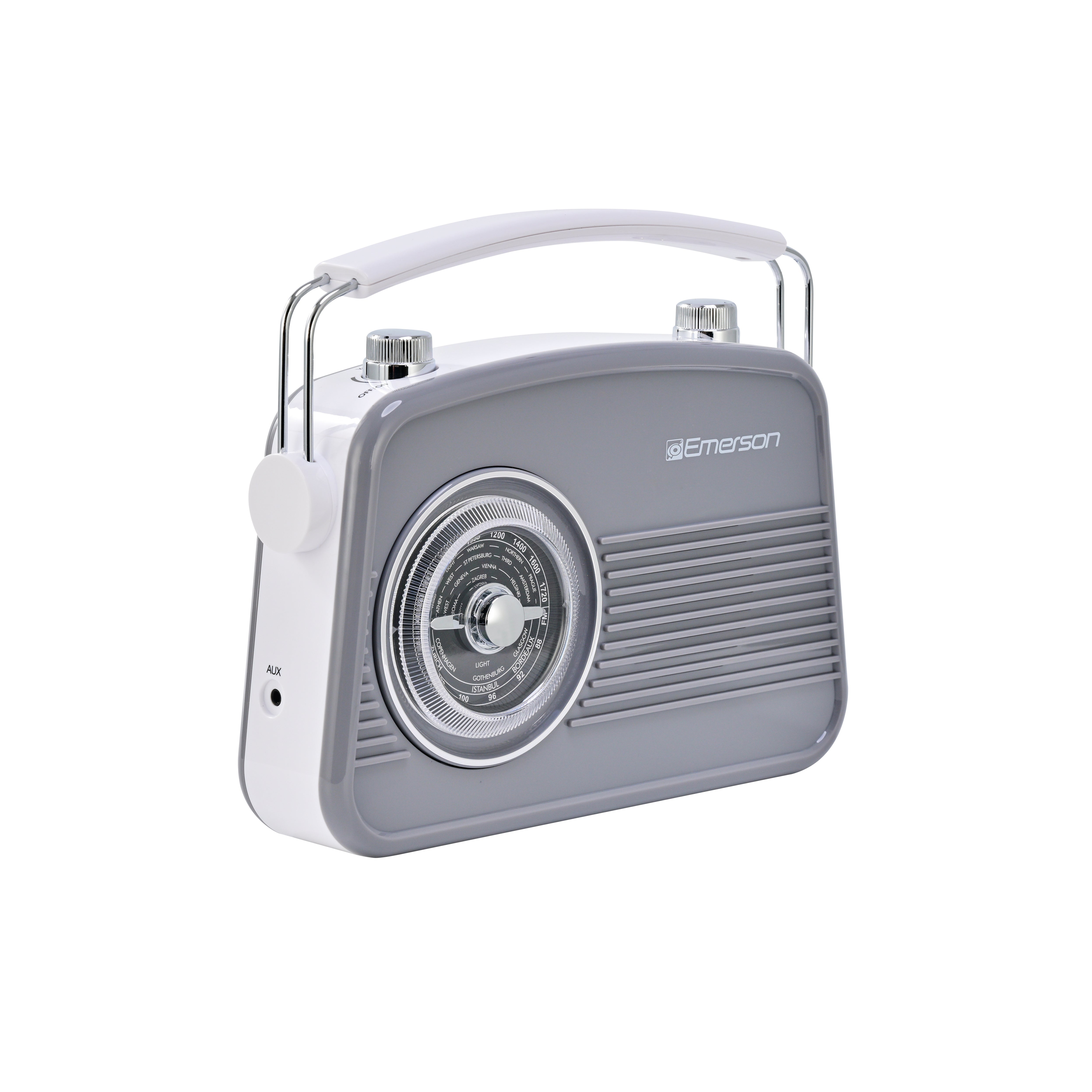 Emerson EAS-3009 retro Bluetooth radio in Gray — second front angle view