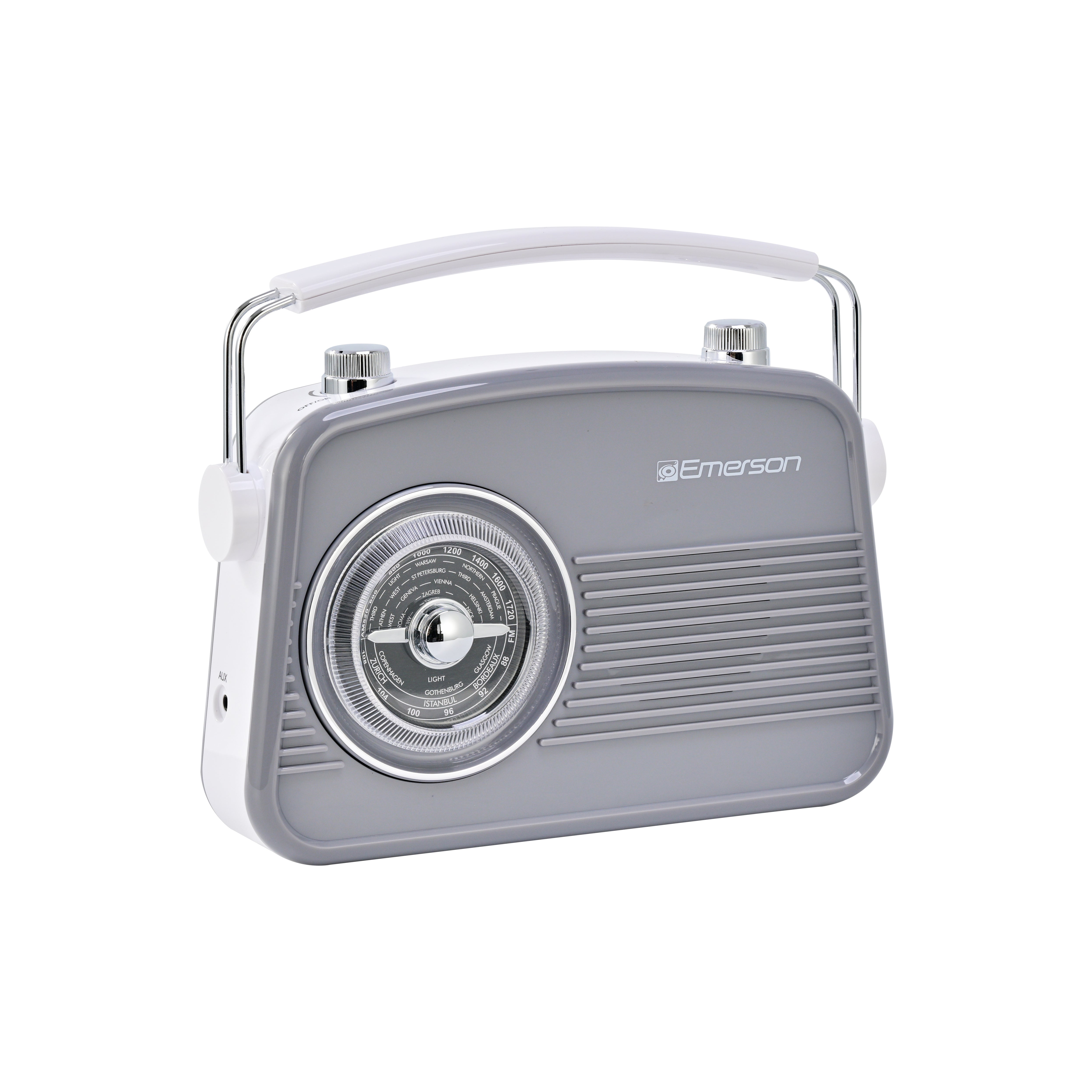 Emerson EAS-3009 retro Bluetooth radio in Gray — third front angle view