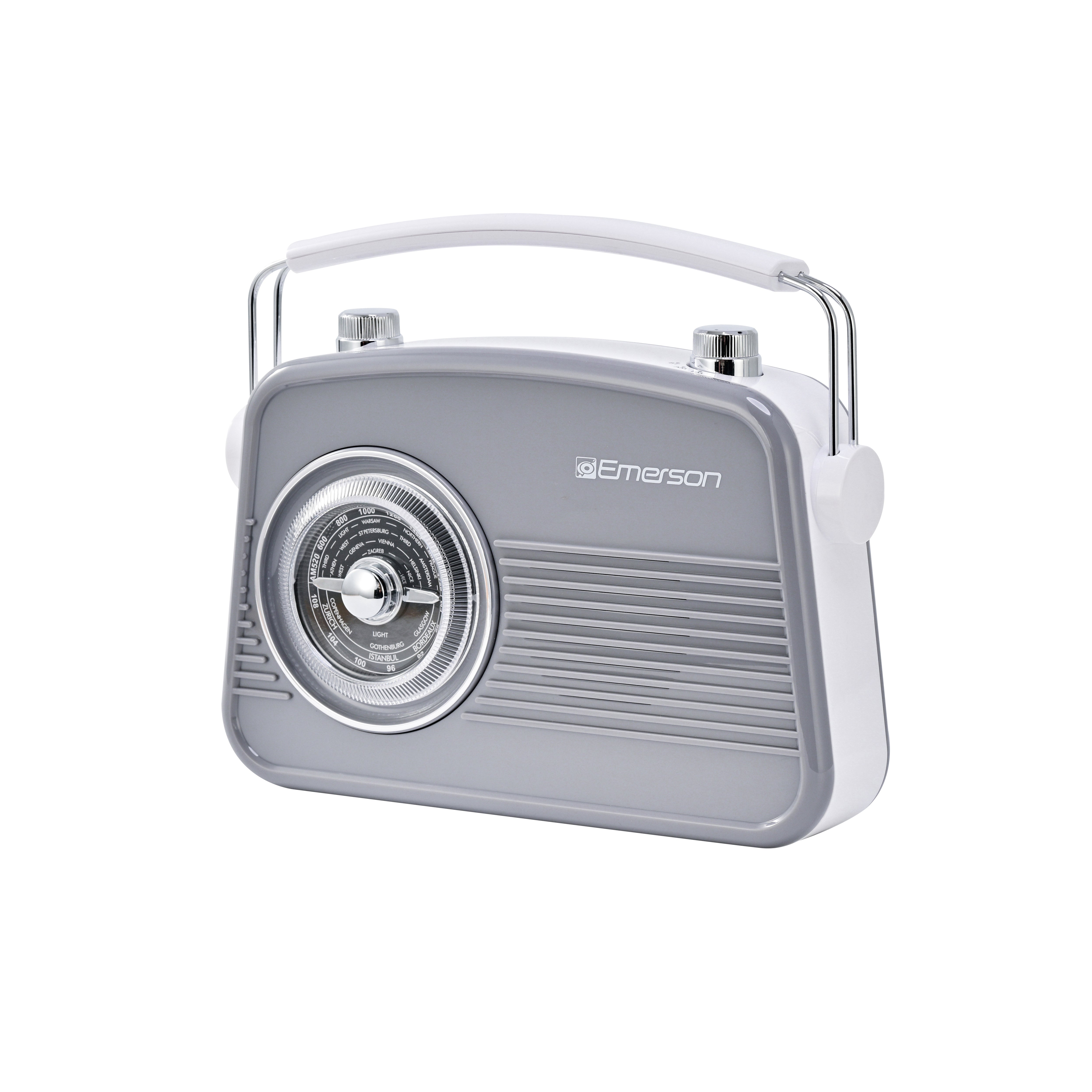 Emerson EAS-3009 retro Bluetooth radio in Gray — fourth front angle view
