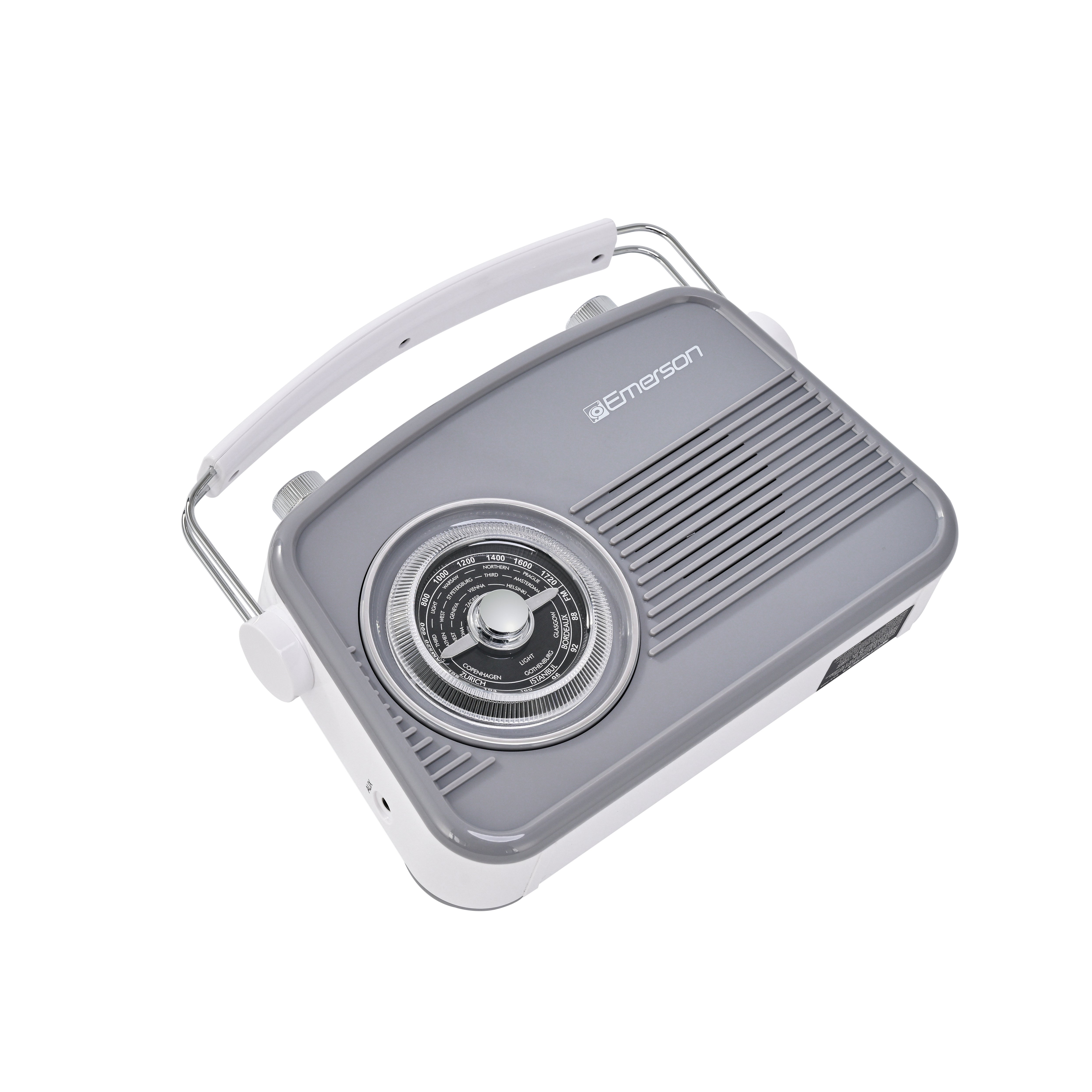 Emerson EAS-3009 retro Bluetooth radio in Gray — top angle showing control knobs