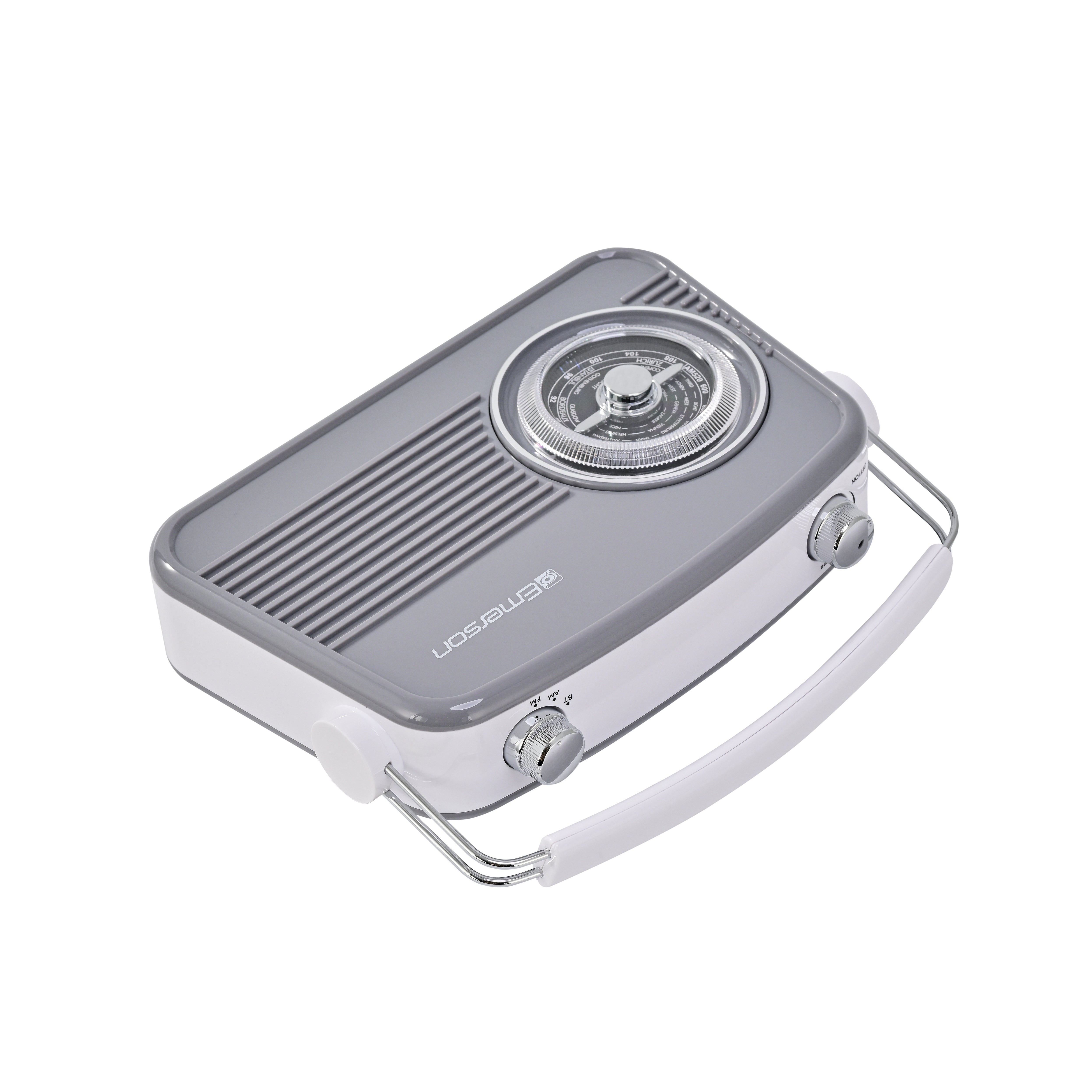 Emerson EAS-3009 retro Bluetooth radio in Gray — elevated top angle view
