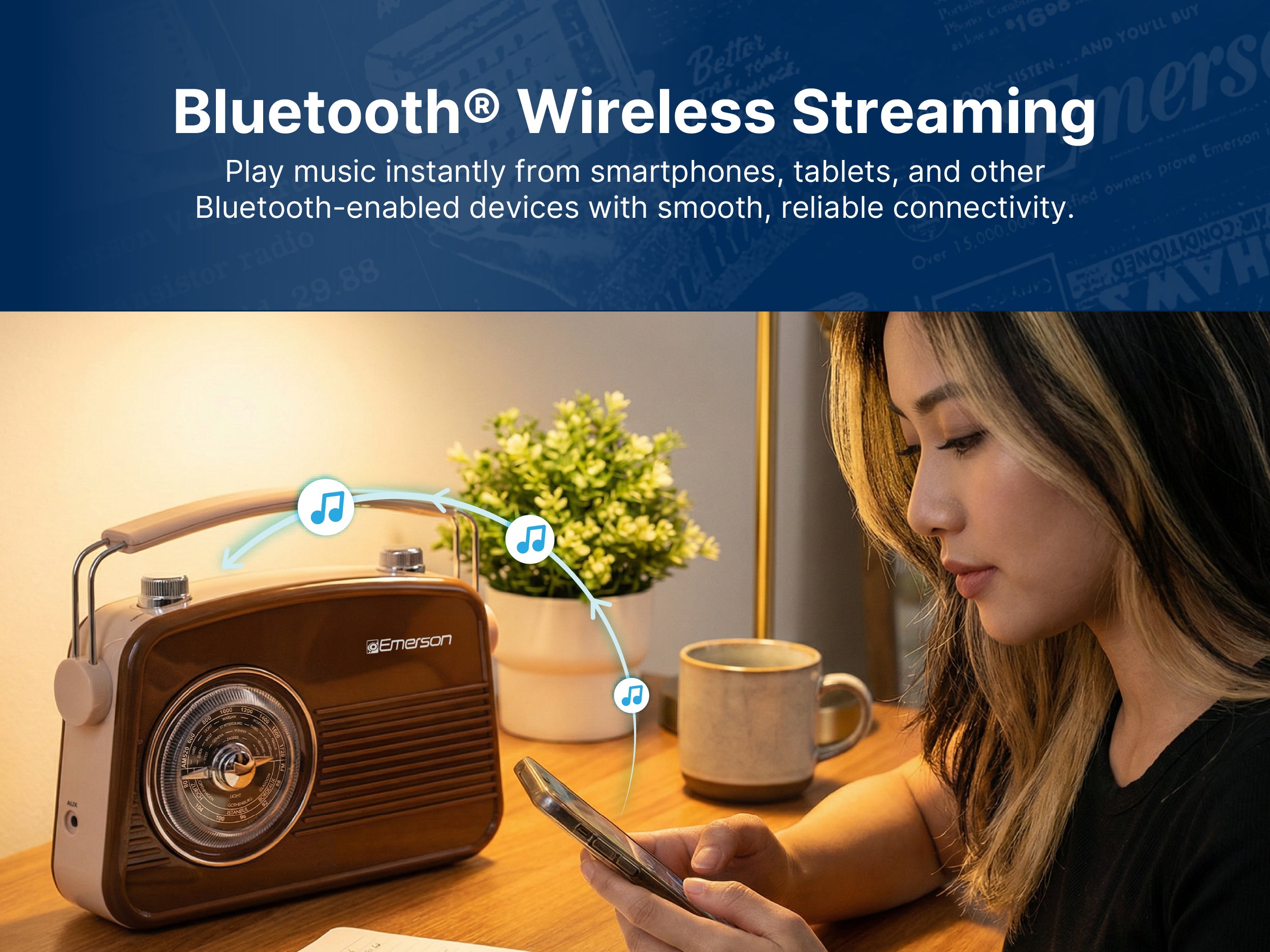Emerson EAS-3009 retro radio — Bluetooth wireless streaming feature