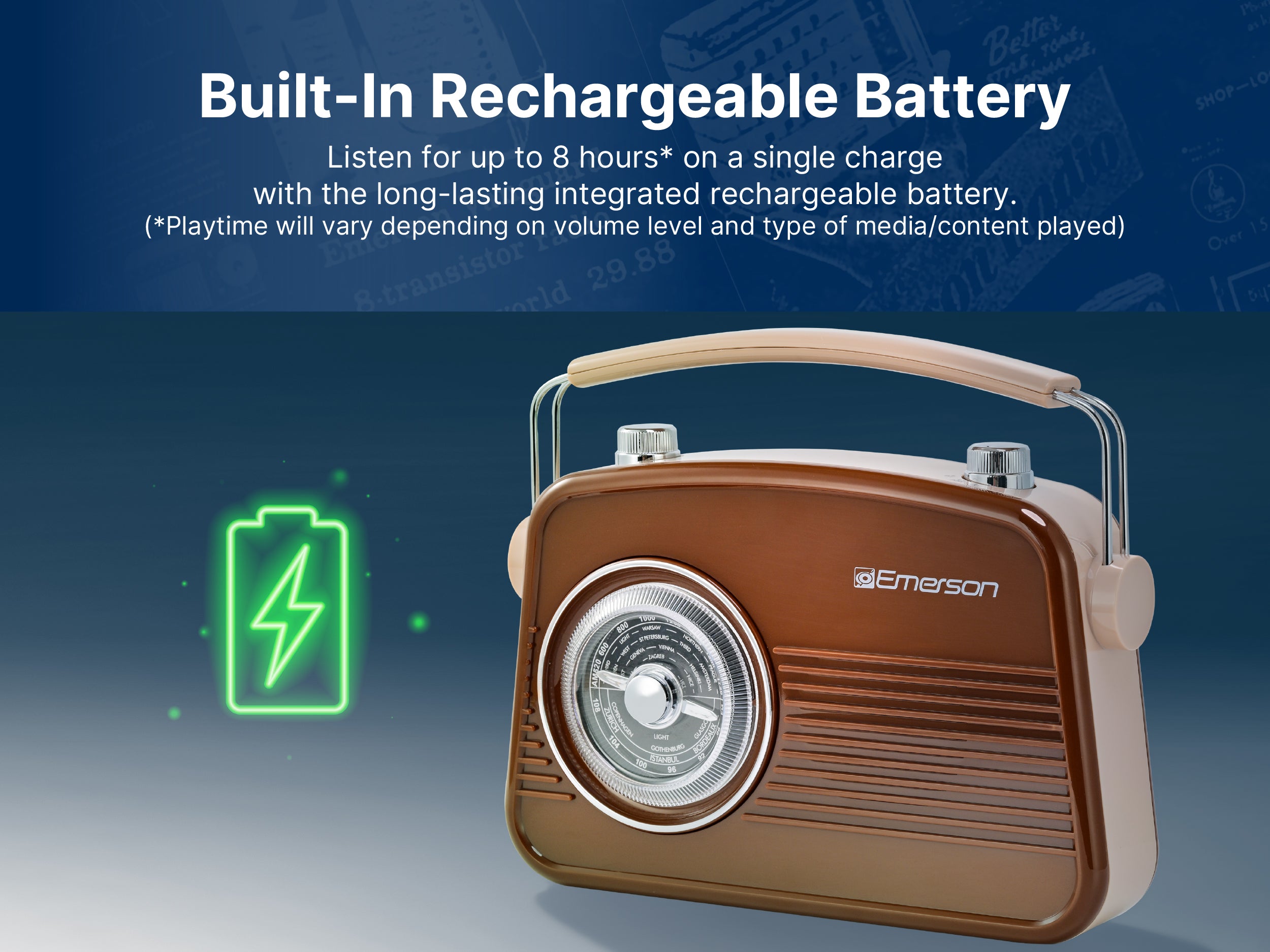 Emerson EAS-3009 retro radio — built-in rechargeable battery feature