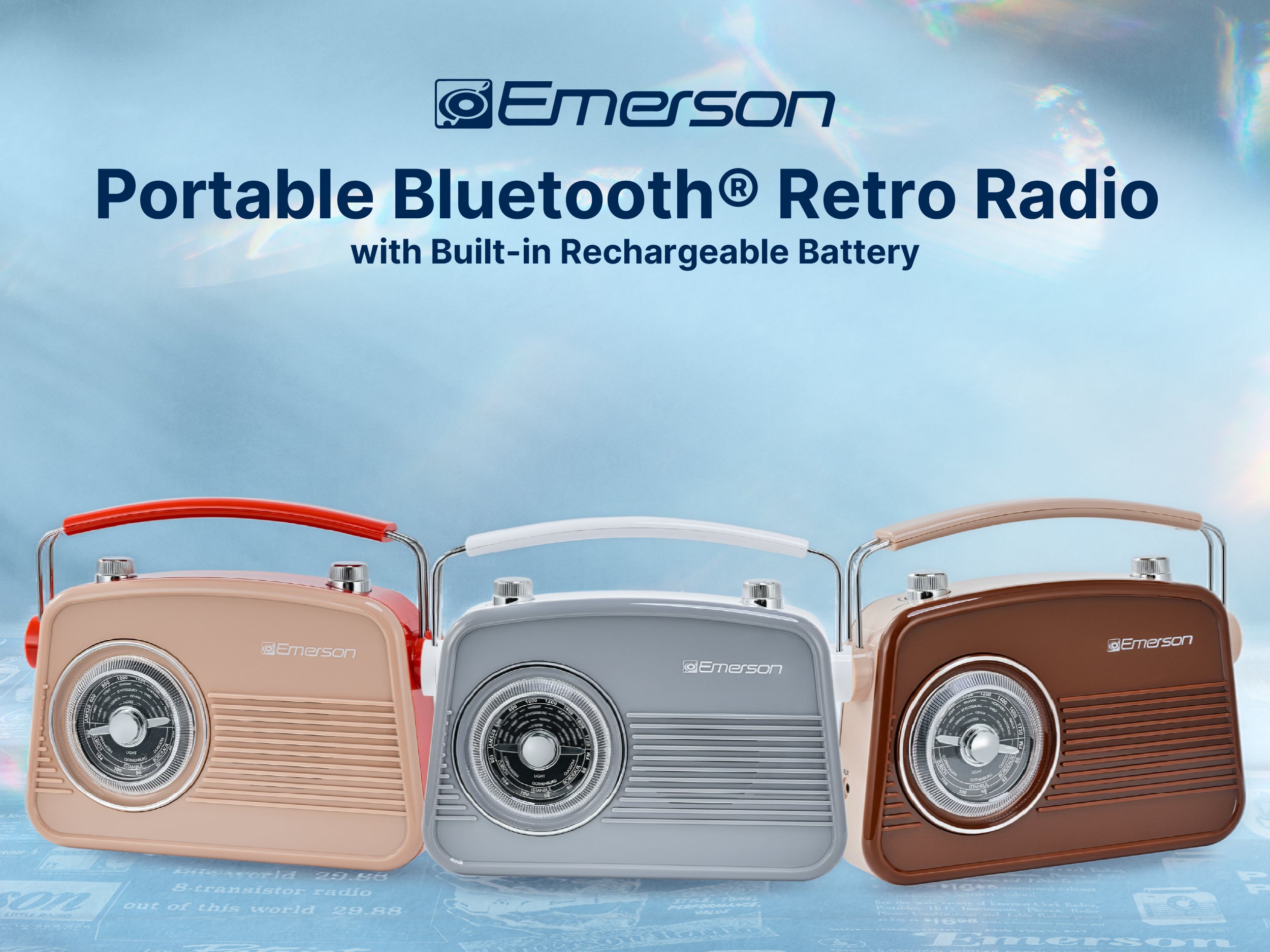 Emerson EAS-3009 portable retro Bluetooth radio with carry handle — hero lifestyle shot