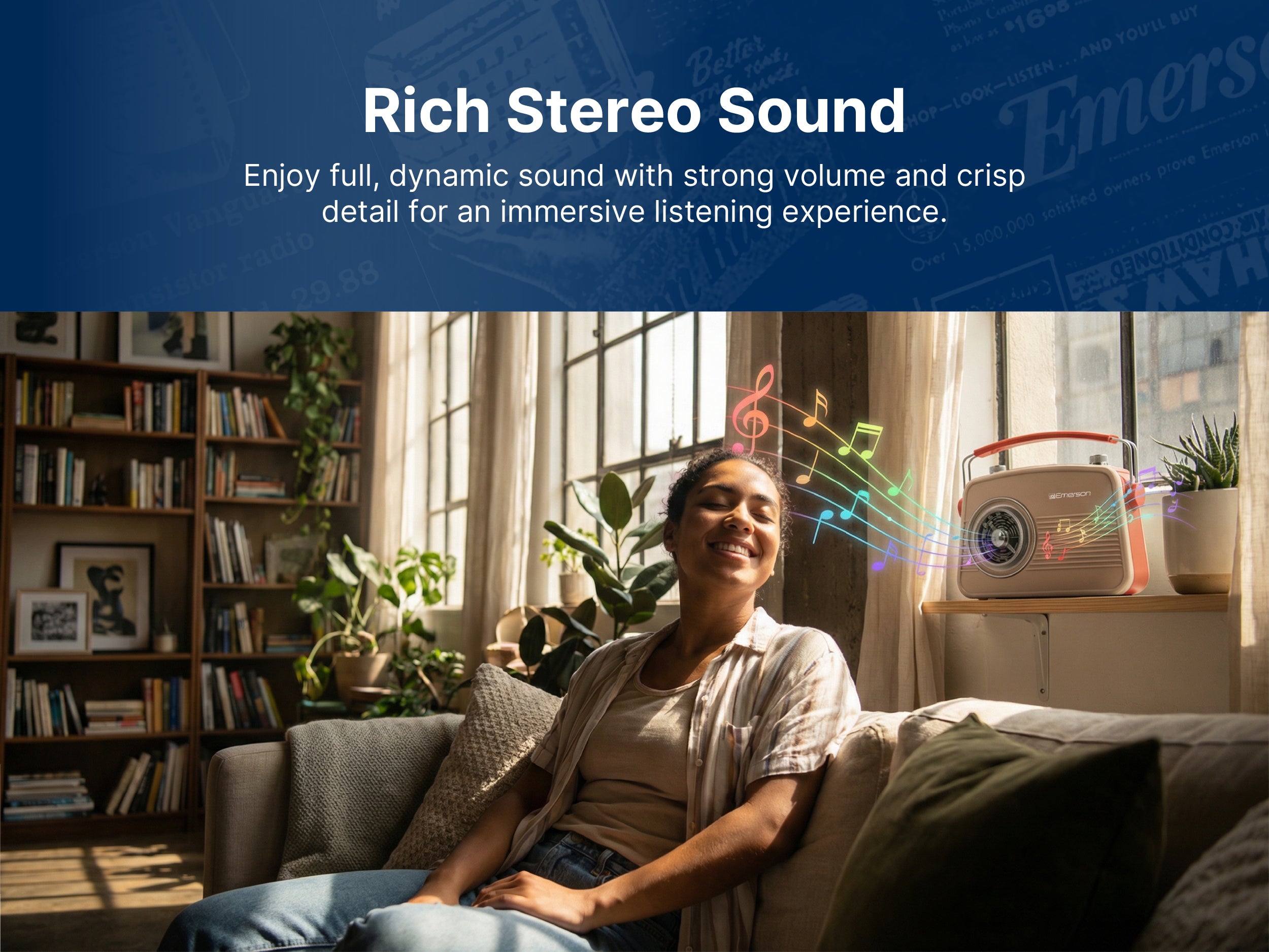 Emerson EAS-3009 retro radio — rich stereo sound speaker detail