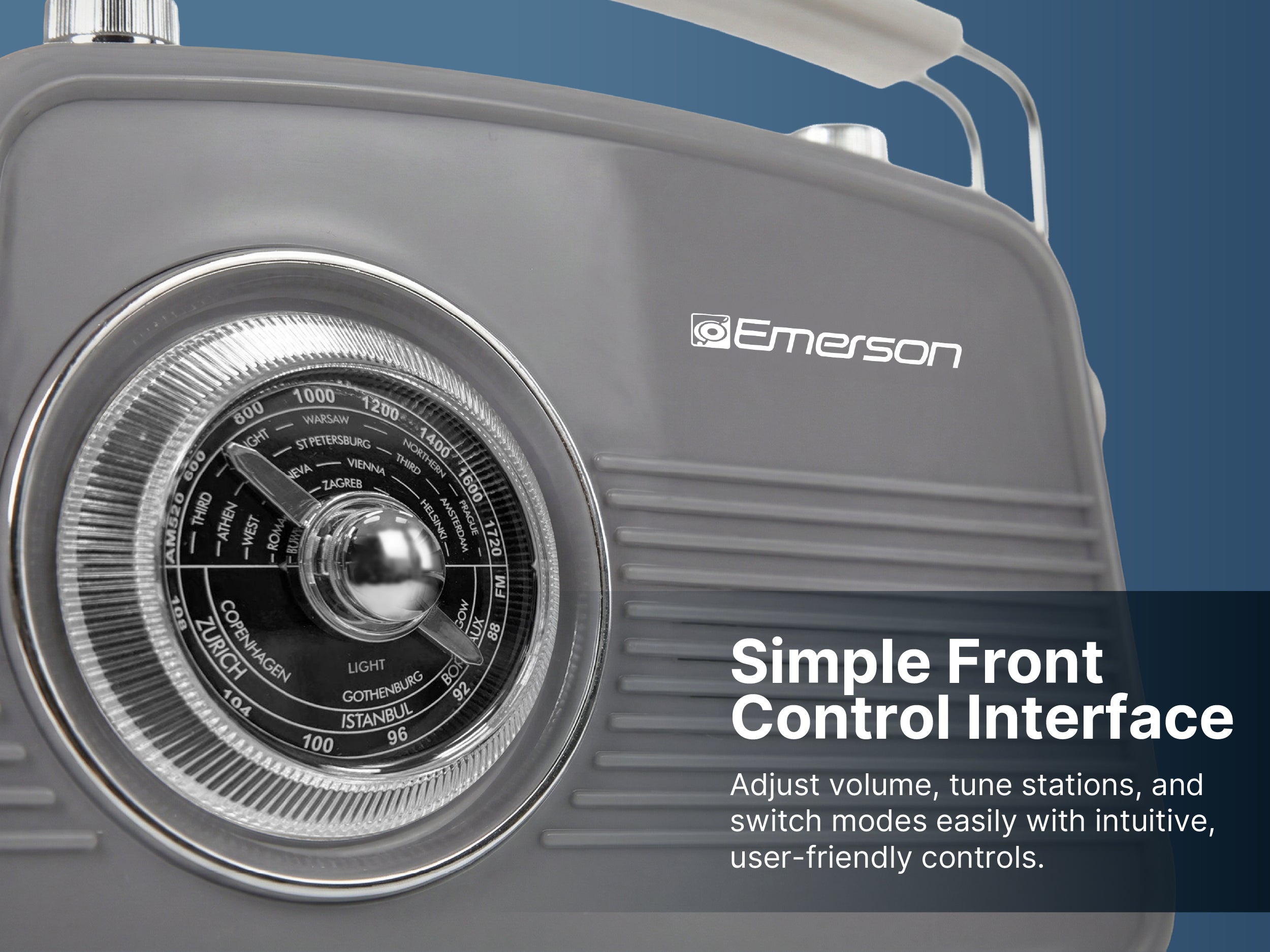 Emerson EAS-3009 retro radio — simple front control interface close-up