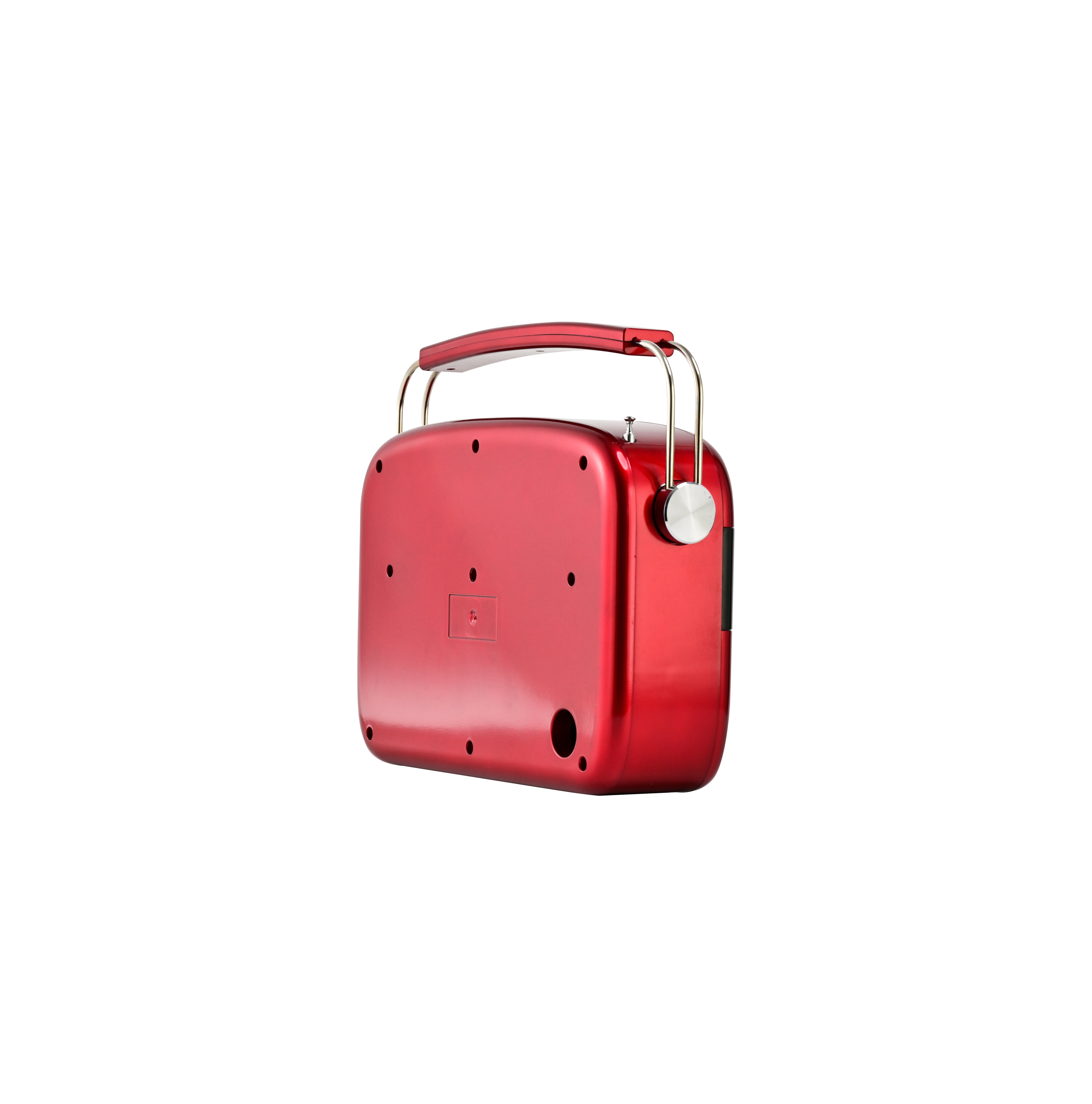 Red portable radio rear three-quarter view with carry handle visible