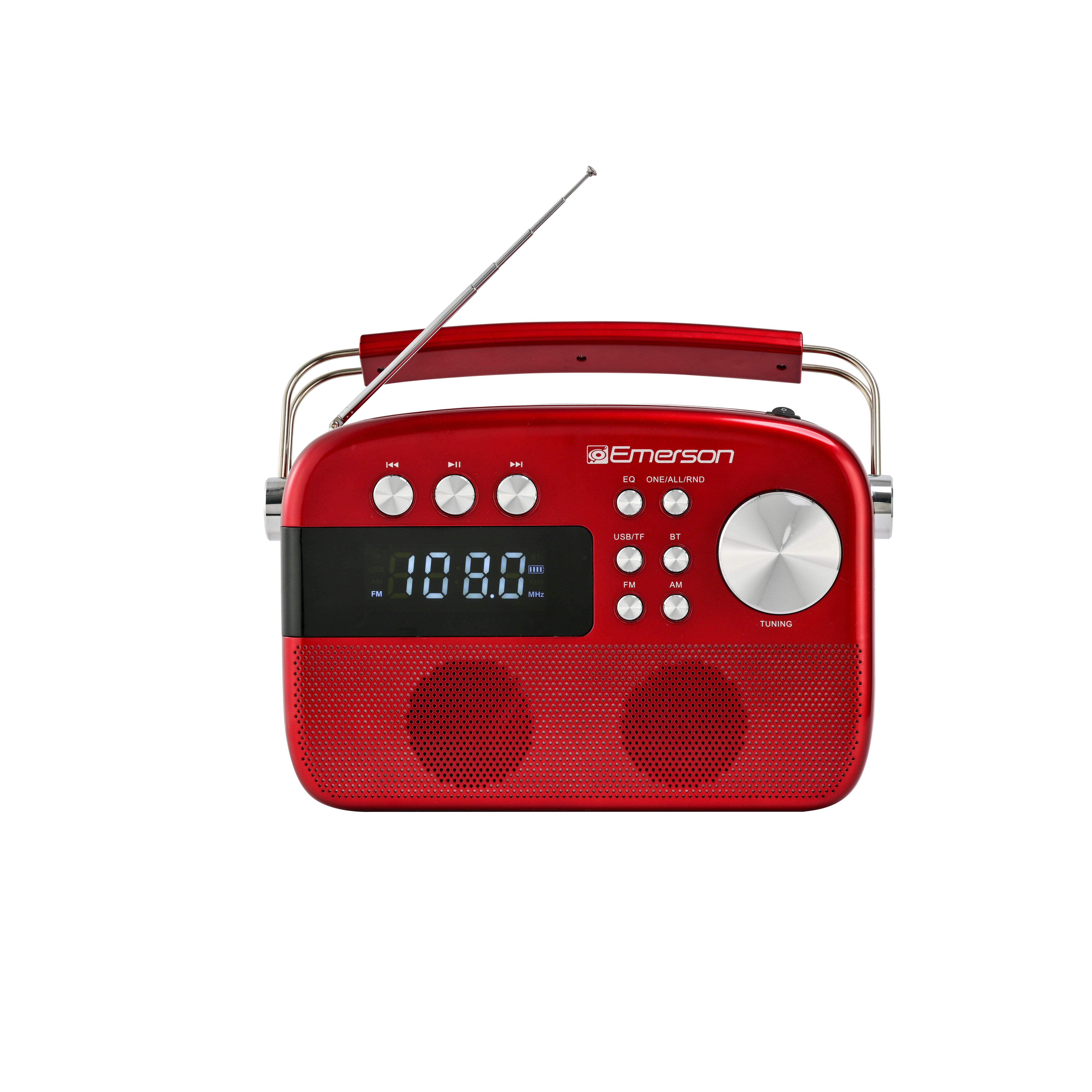 Red portable radio with telescoping antenna fully extended, front view