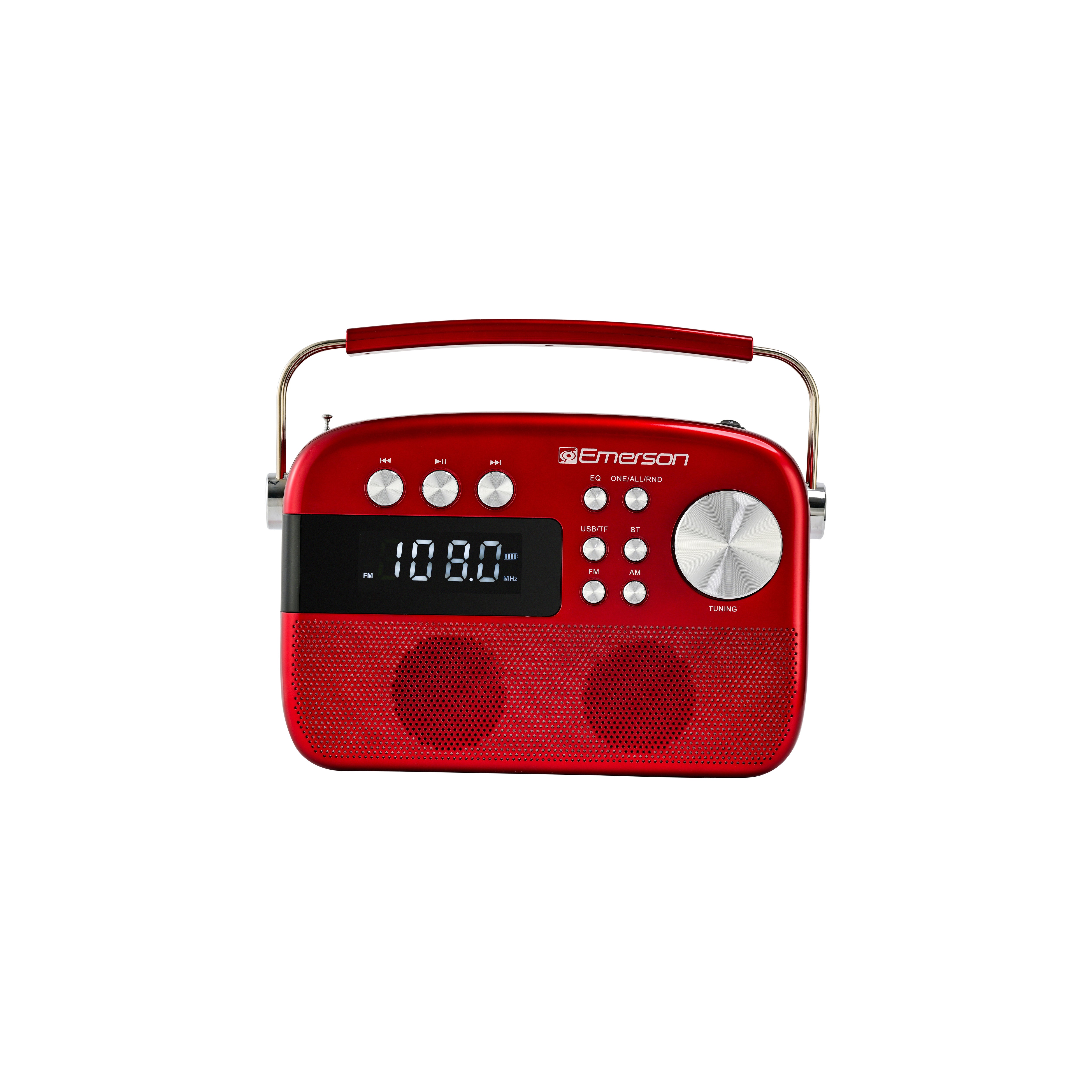 Red retro Bluetooth radio, straight-on front view with speaker grille and tuning dial