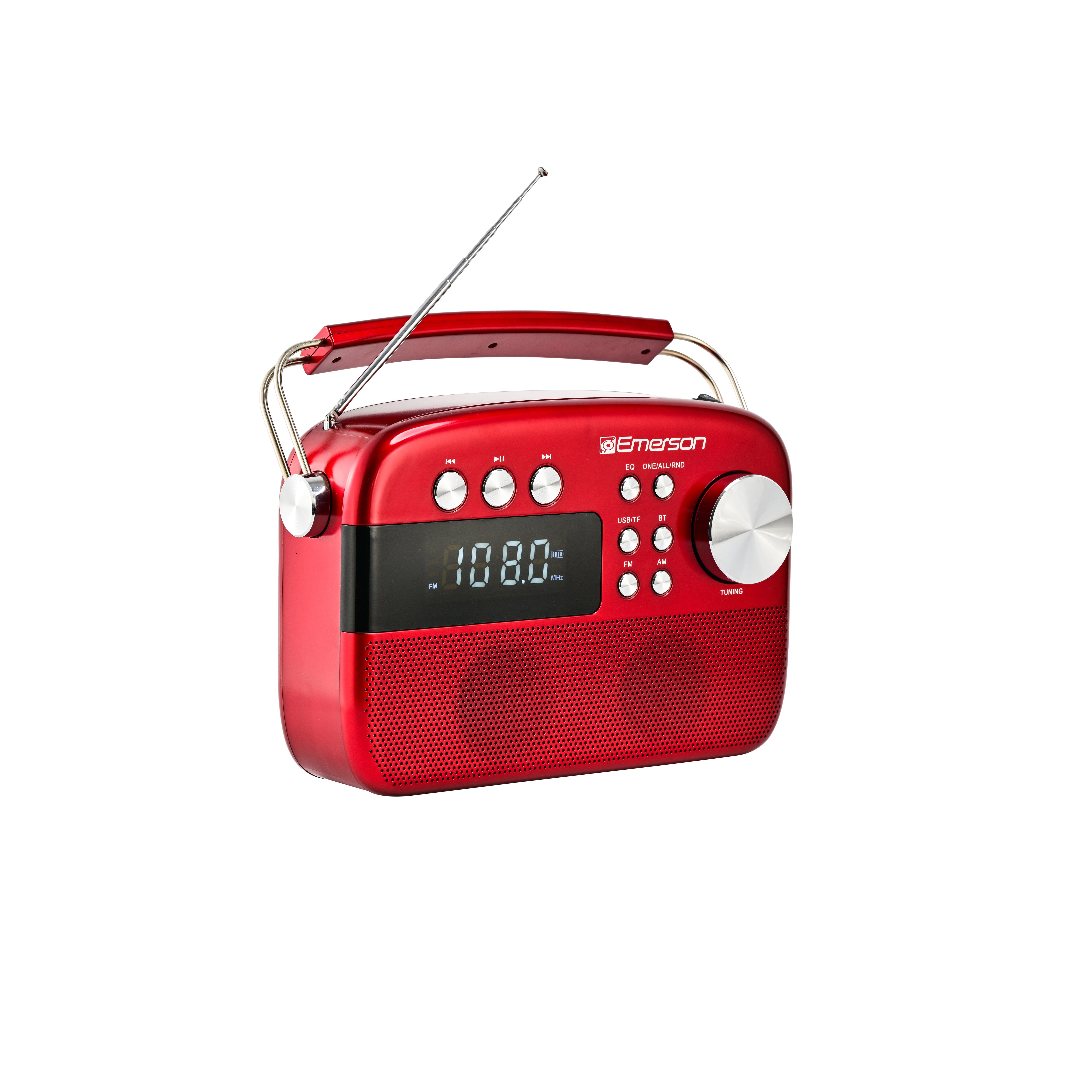 Red portable retro radio with antenna extended, three-quarter front view