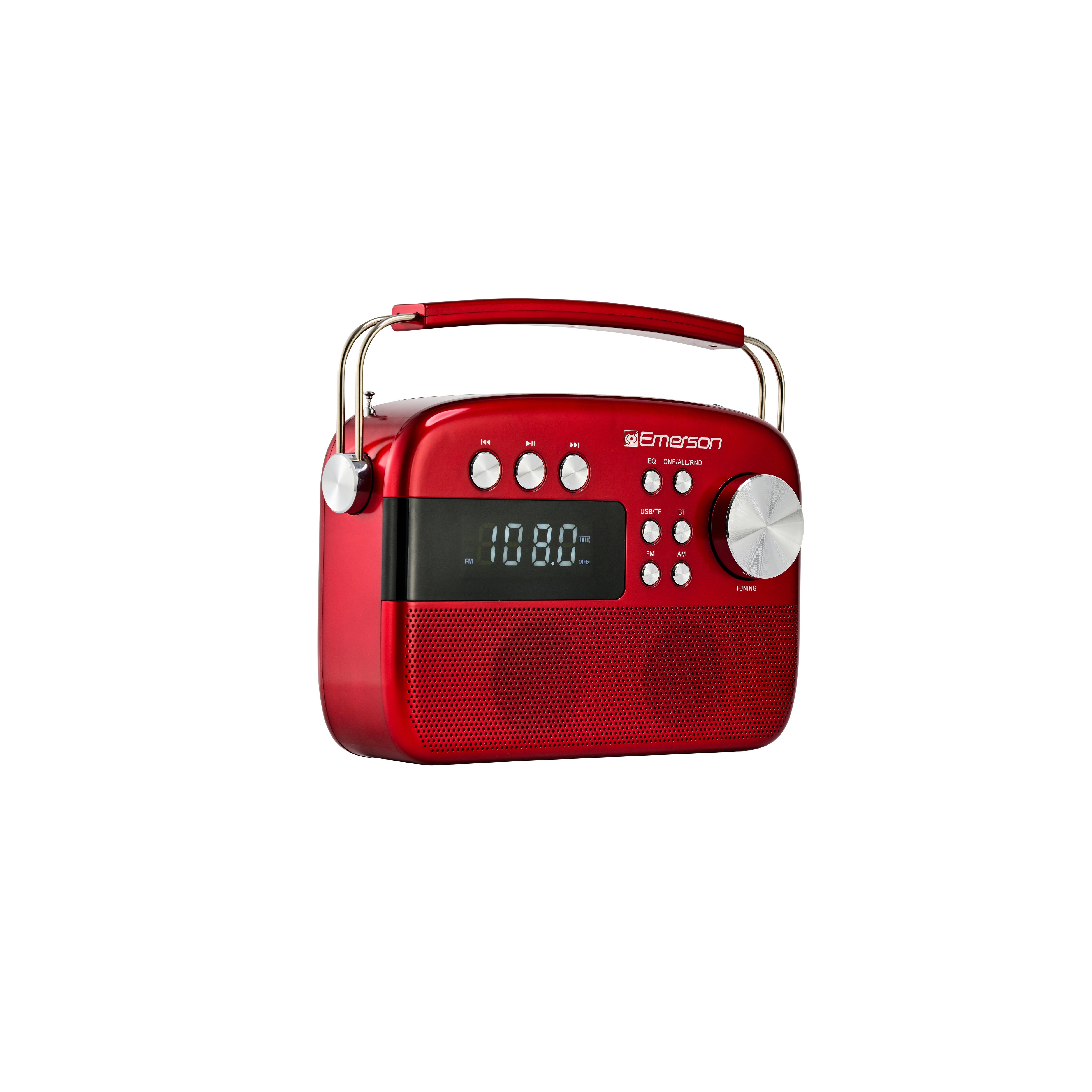 Red Emerson EAS-3010 portable radio, three-quarter front view