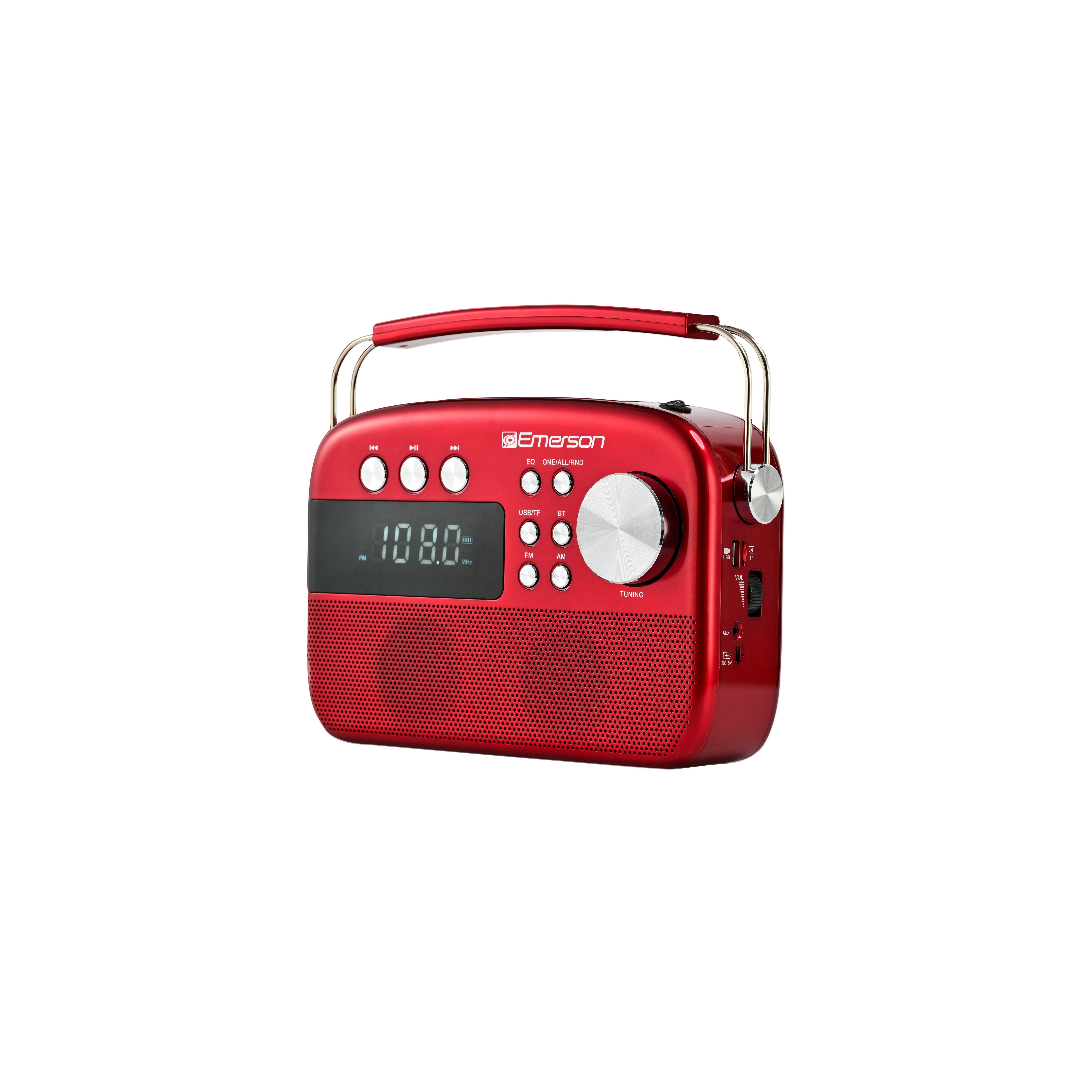 Red portable Bluetooth radio angled to show speaker grille and side panel