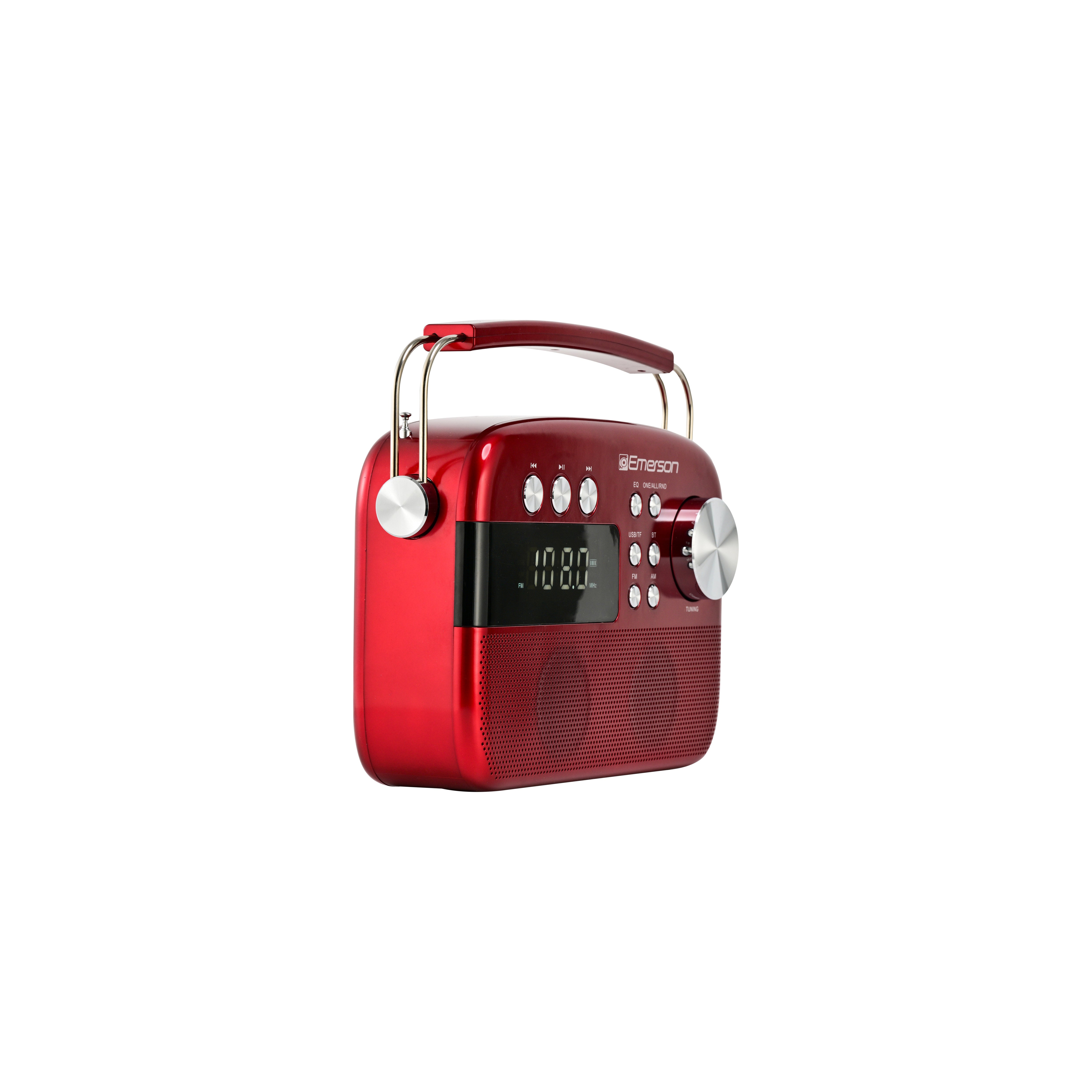 Red retro radio, front-left angle highlighting tuning knobs and LCD