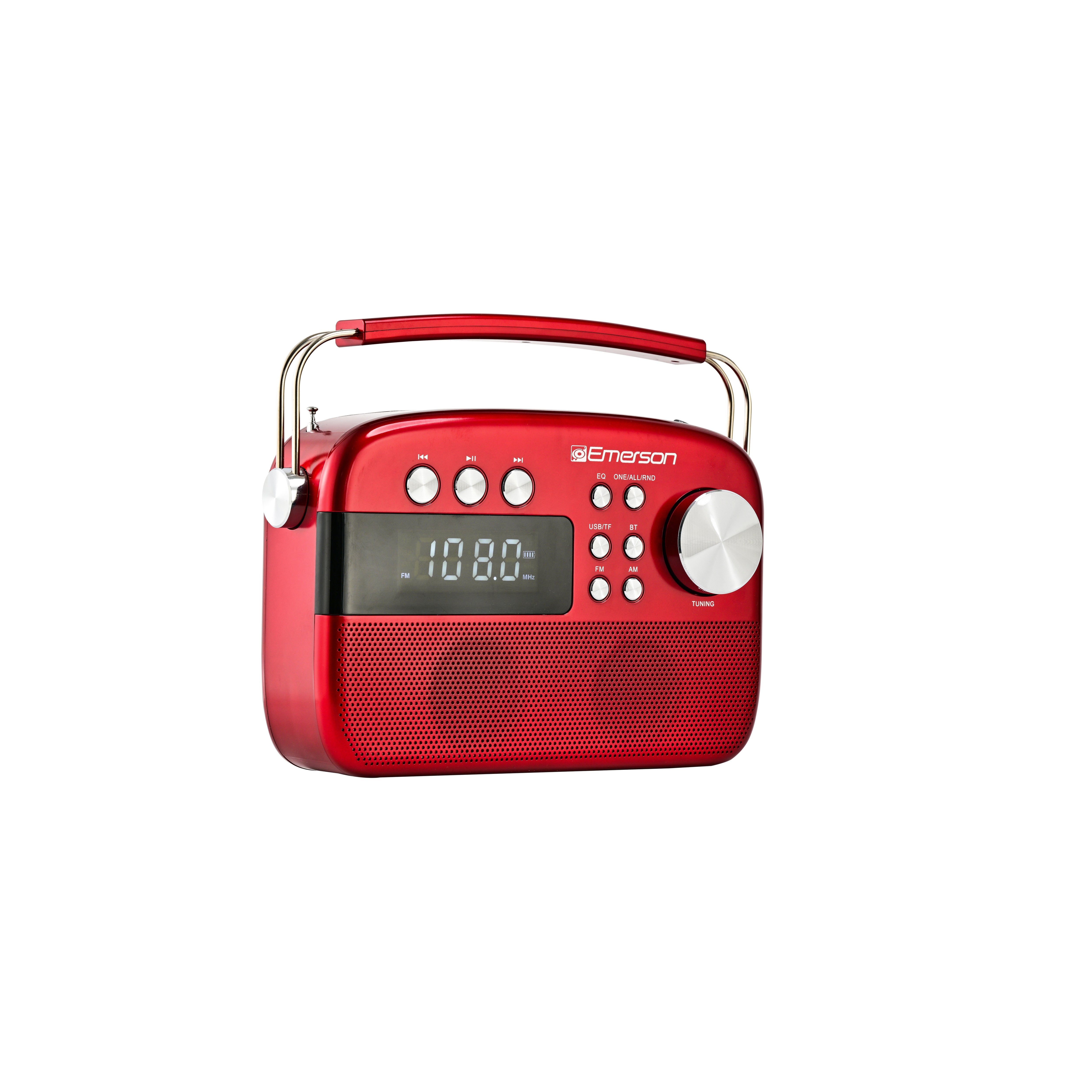 Red portable radio shown from a low front-right angle