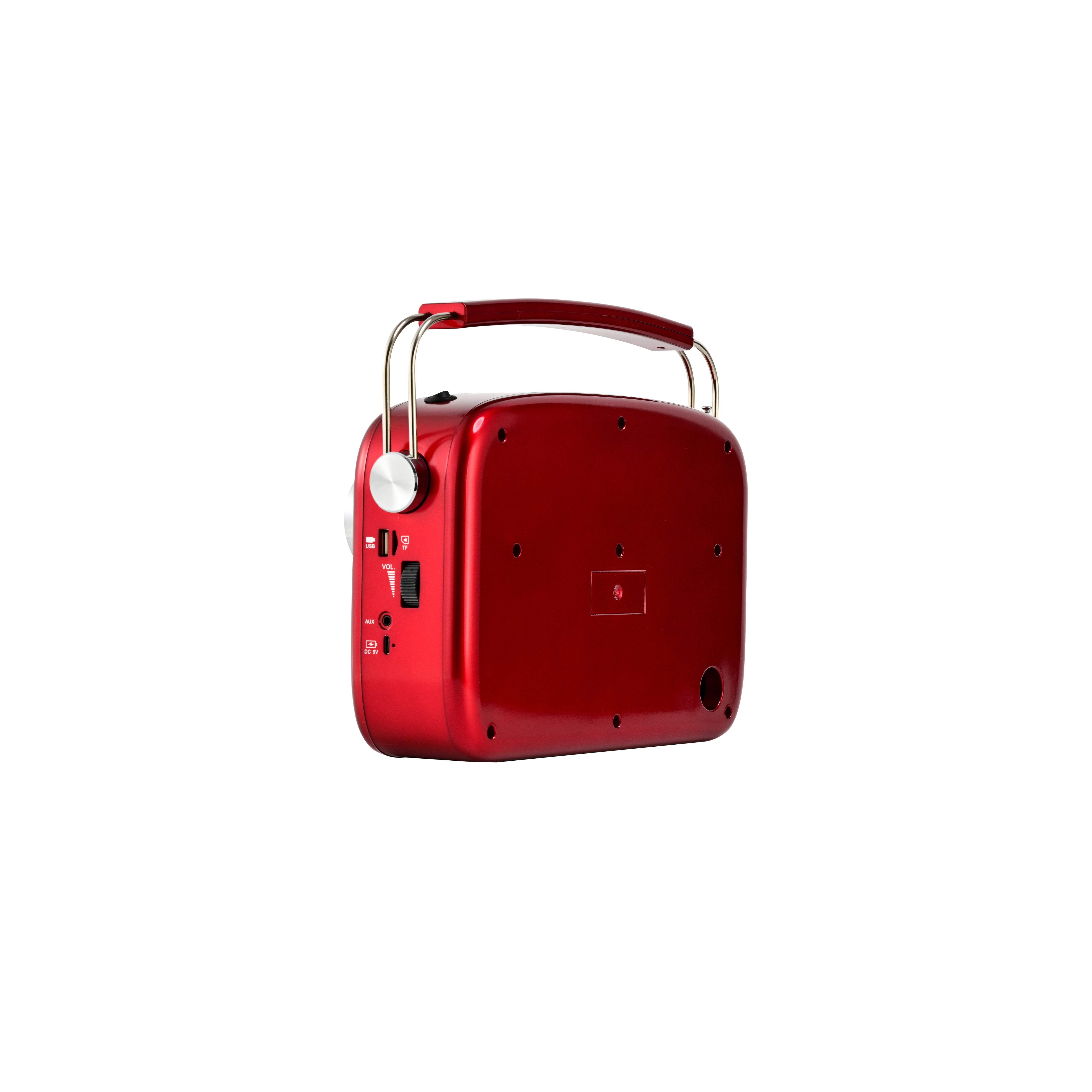 Red Emerson portable radio, sharp three-quarter angle view