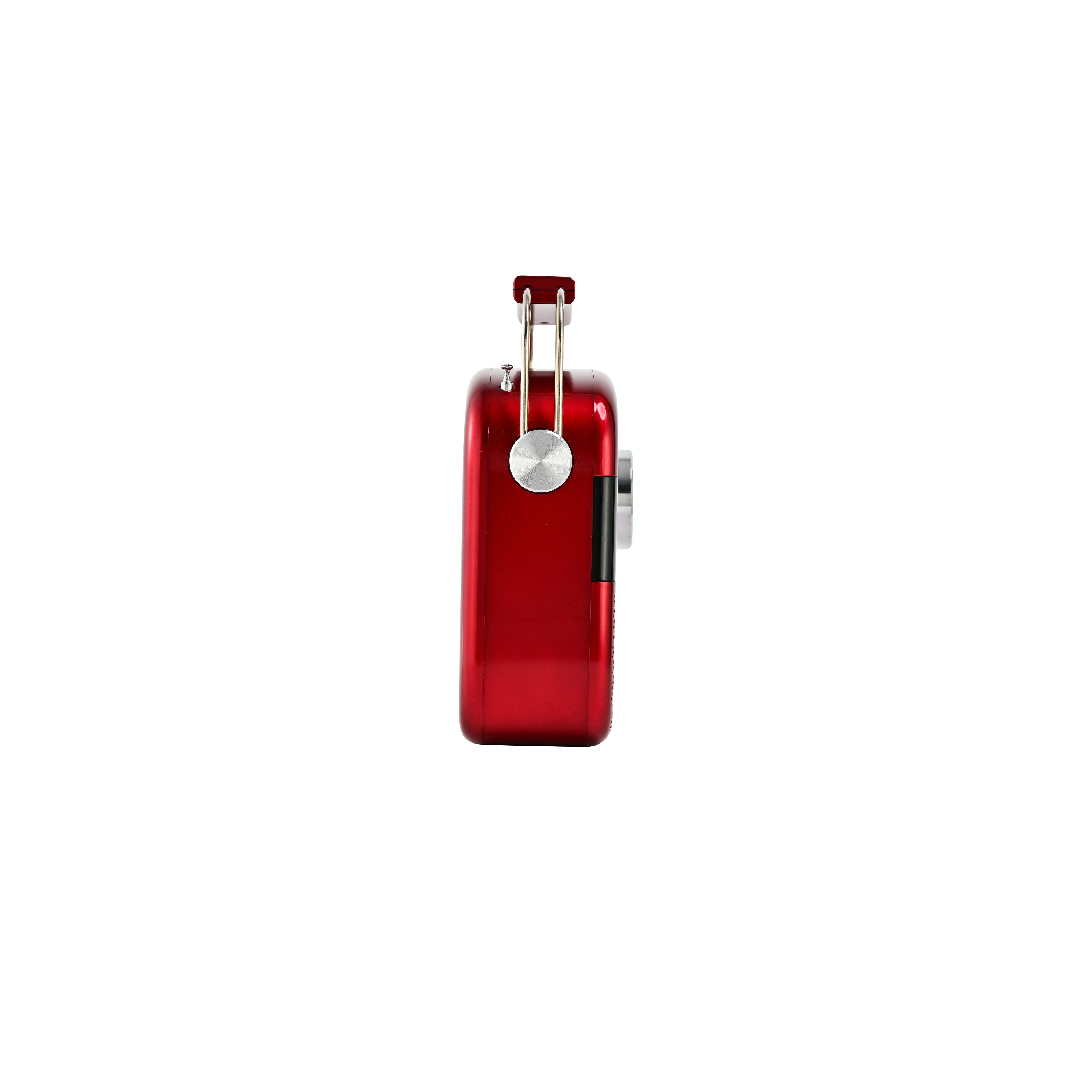 Right side profile of the red portable Bluetooth radio