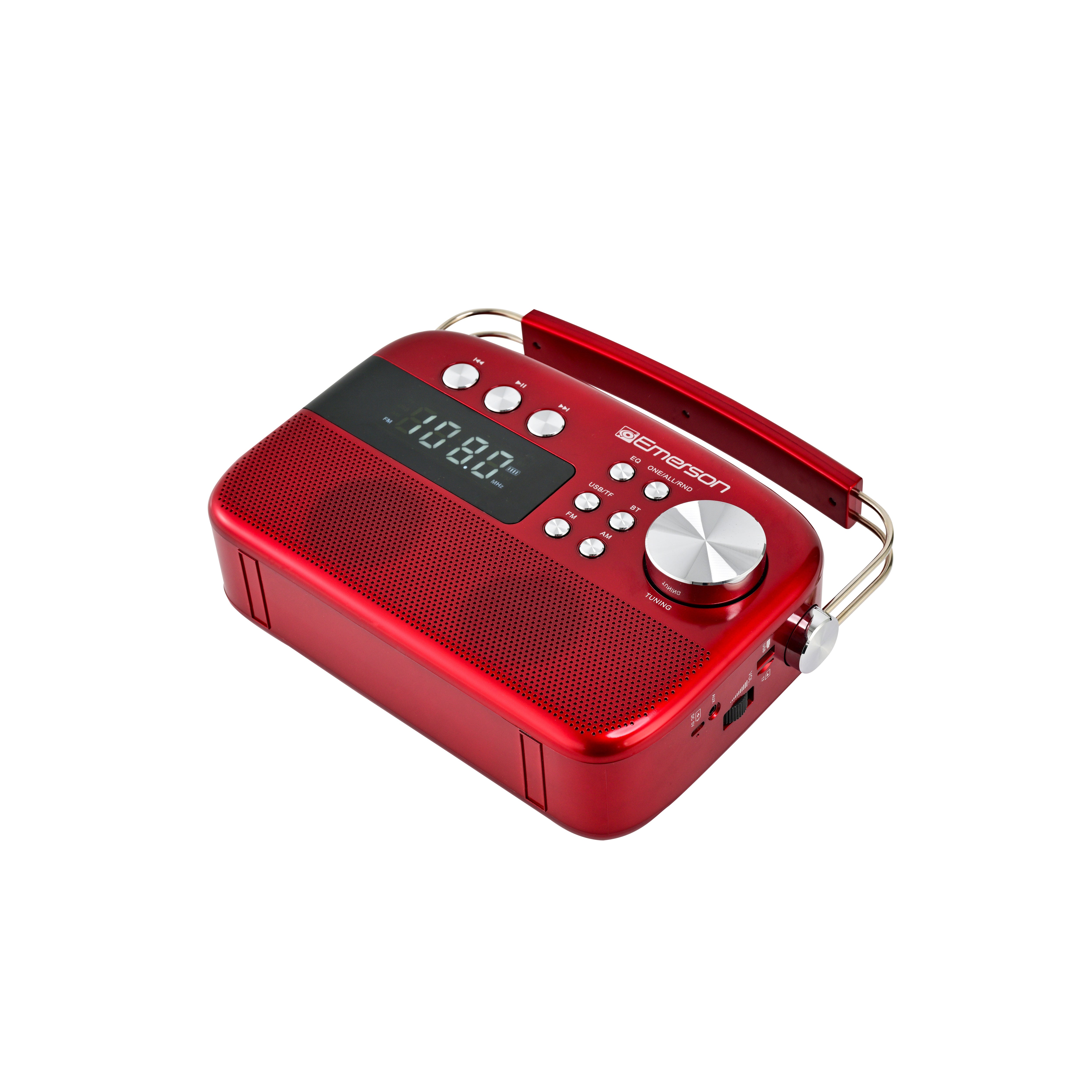 Top-down view of the red portable radio showing the control panel