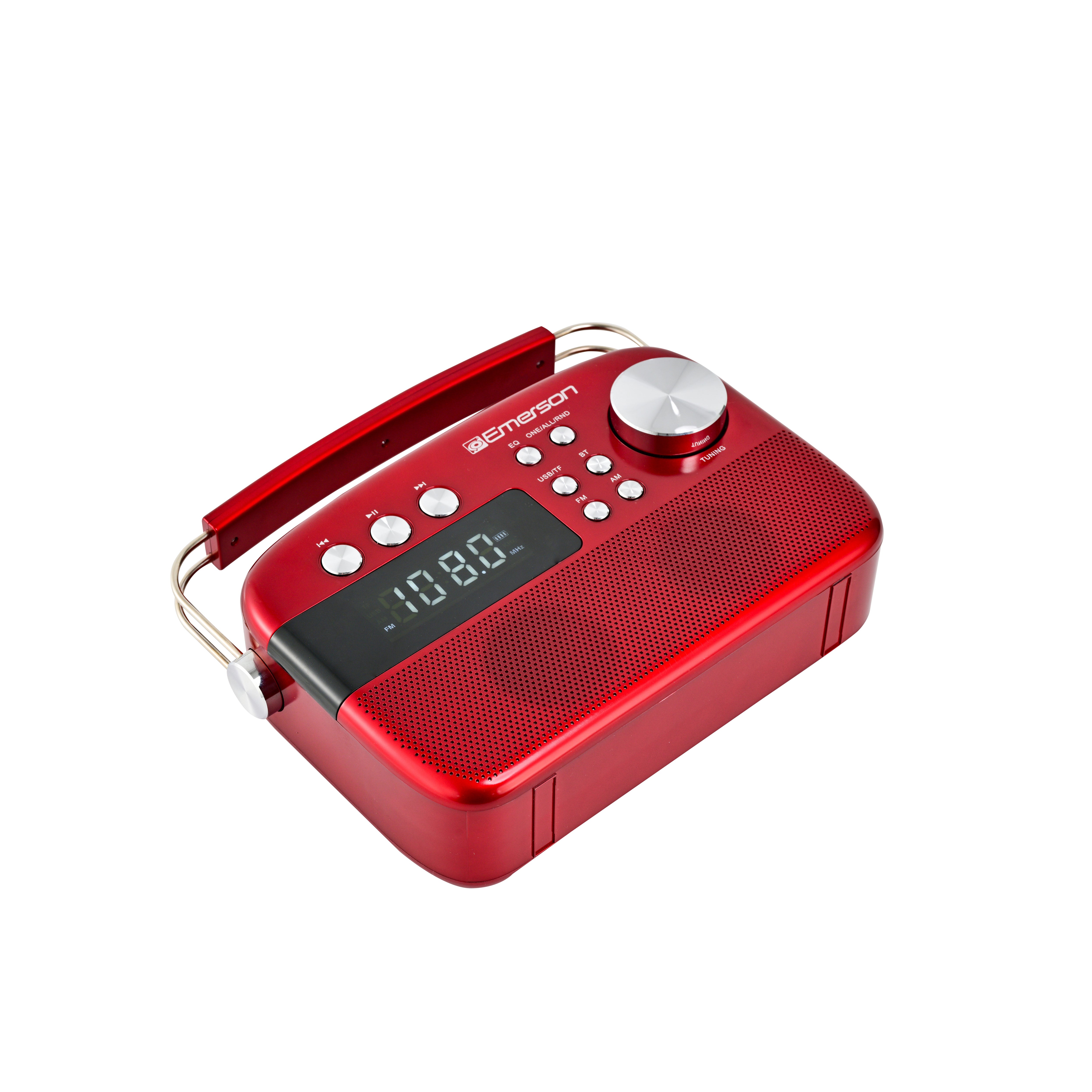 Top angle of the red portable radio showing buttons, dial, and carry handle