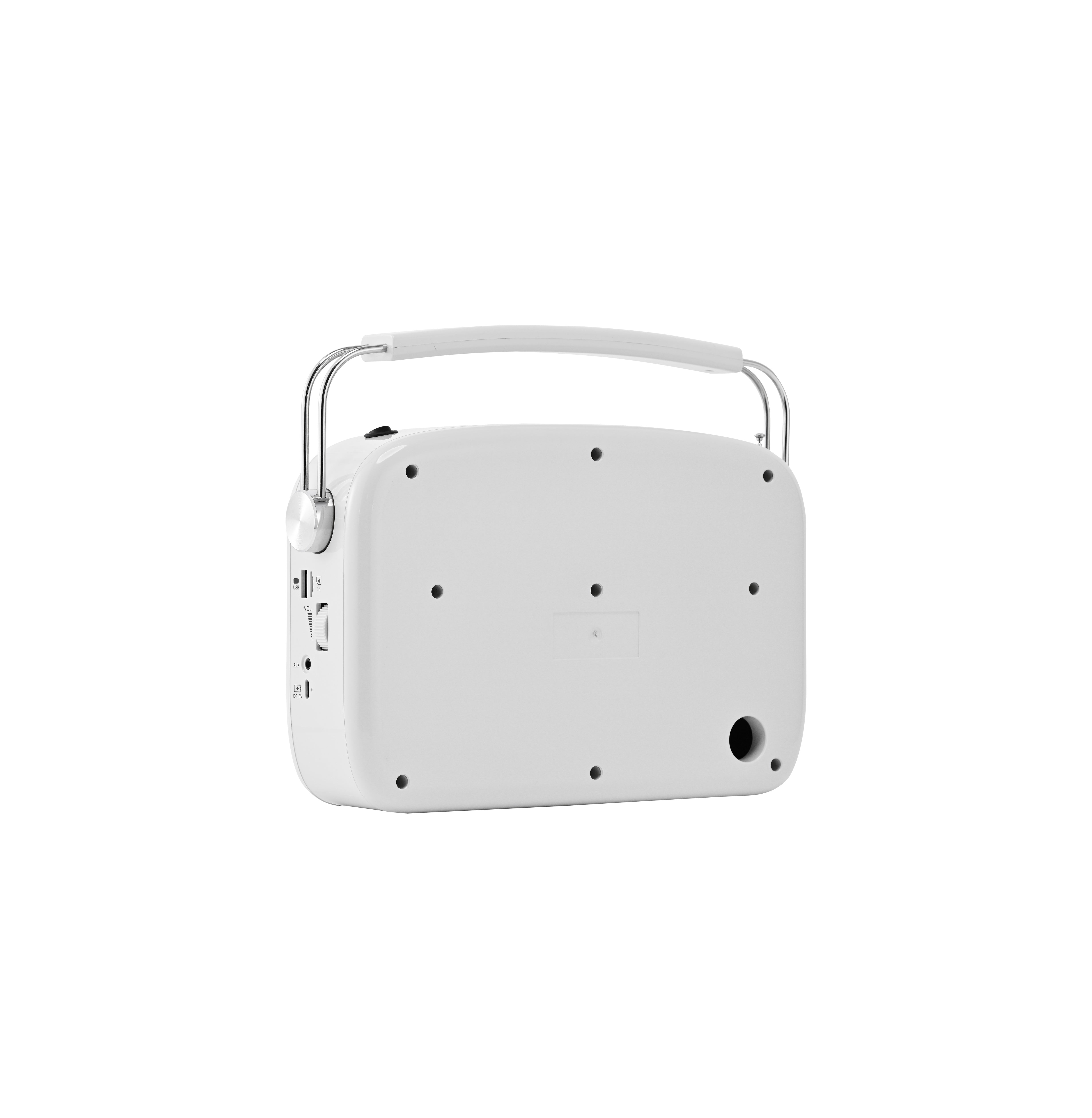 White portable radio rear three-quarter view with carry handle visible