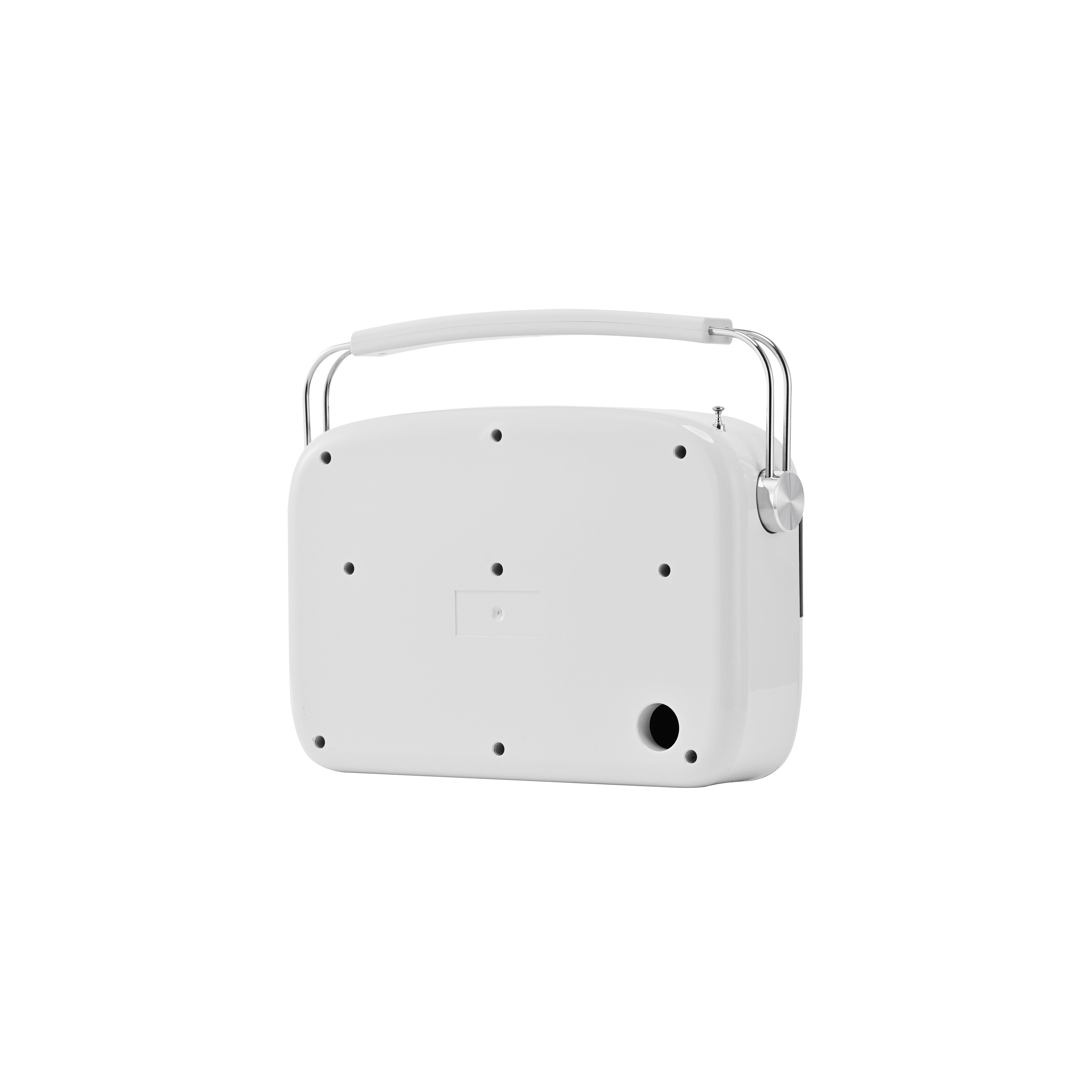 White portable radio rear three-quarter view from the opposite side