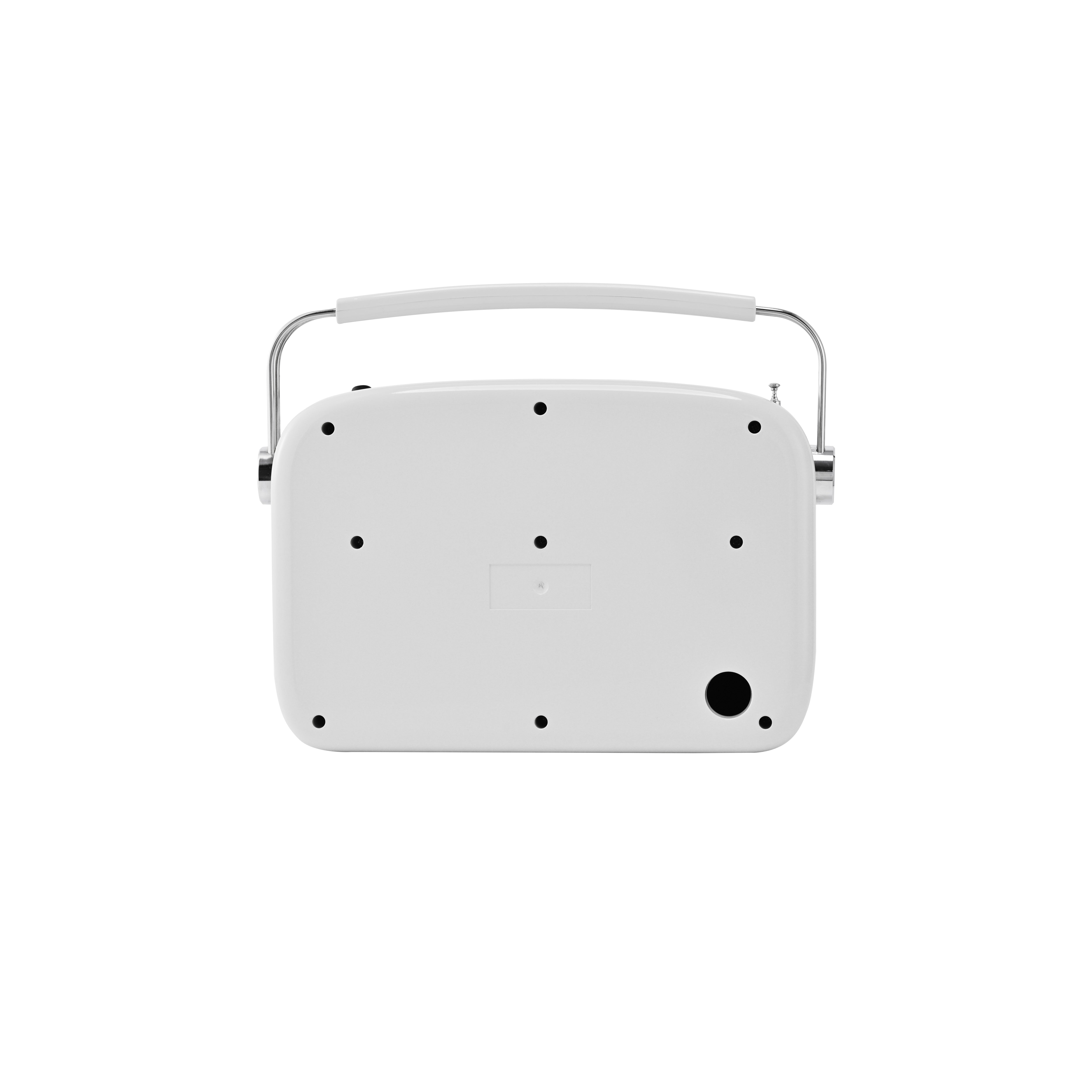 Back of the white portable radio showing input ports and battery cover