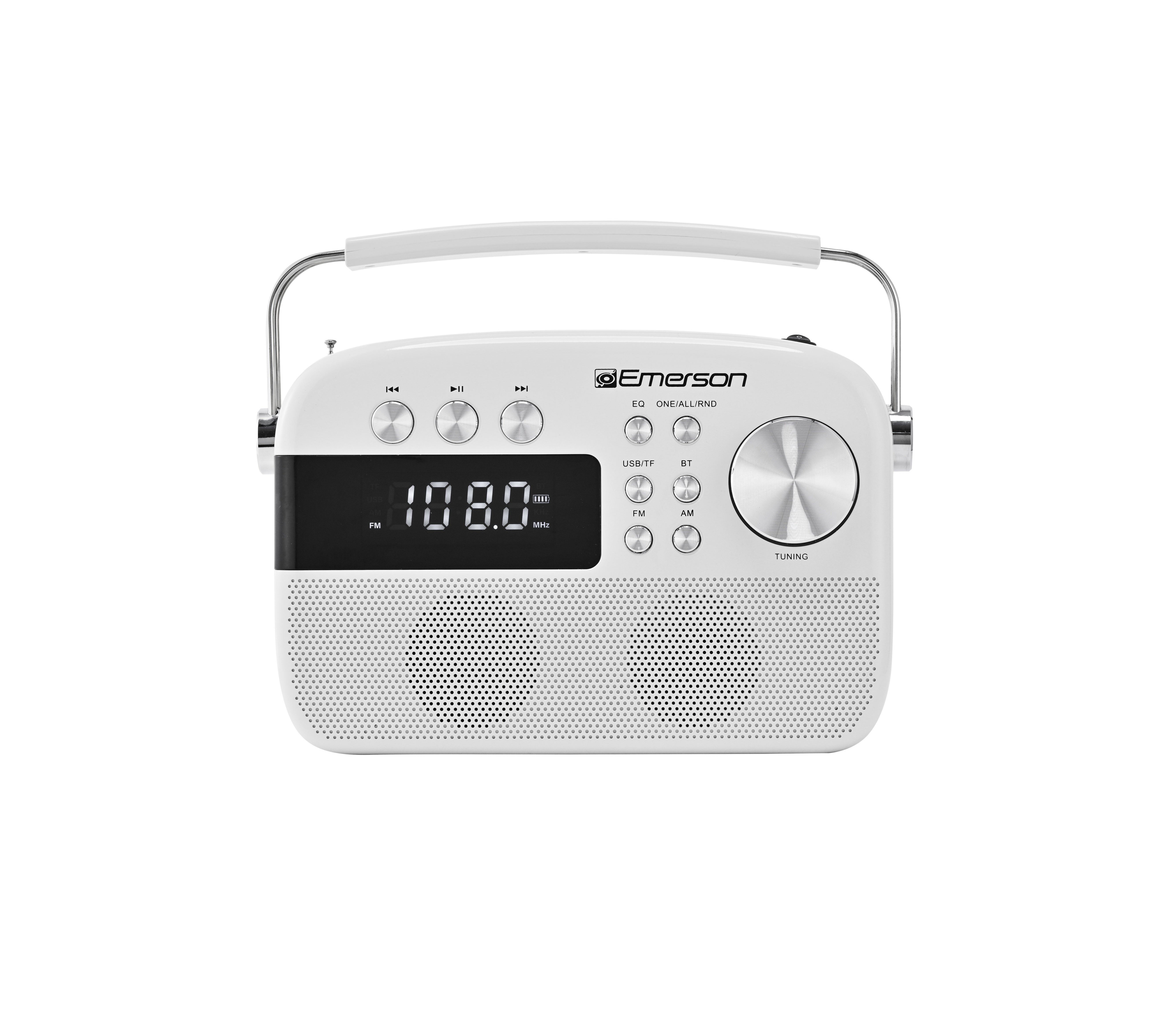 White Emerson EAS-3010 portable Bluetooth radio, straight-on front view