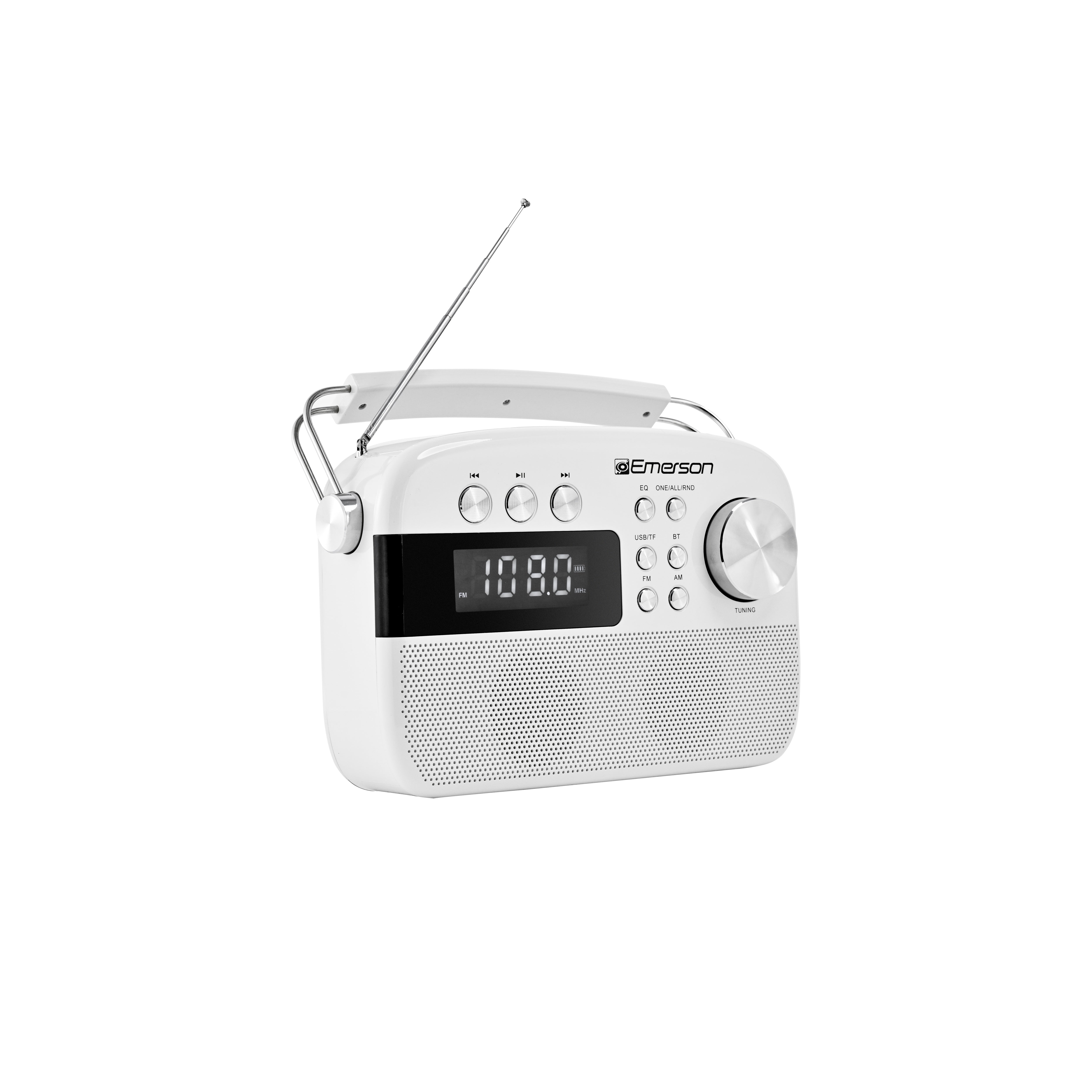 White portable radio with telescoping antenna extended, three-quarter front view