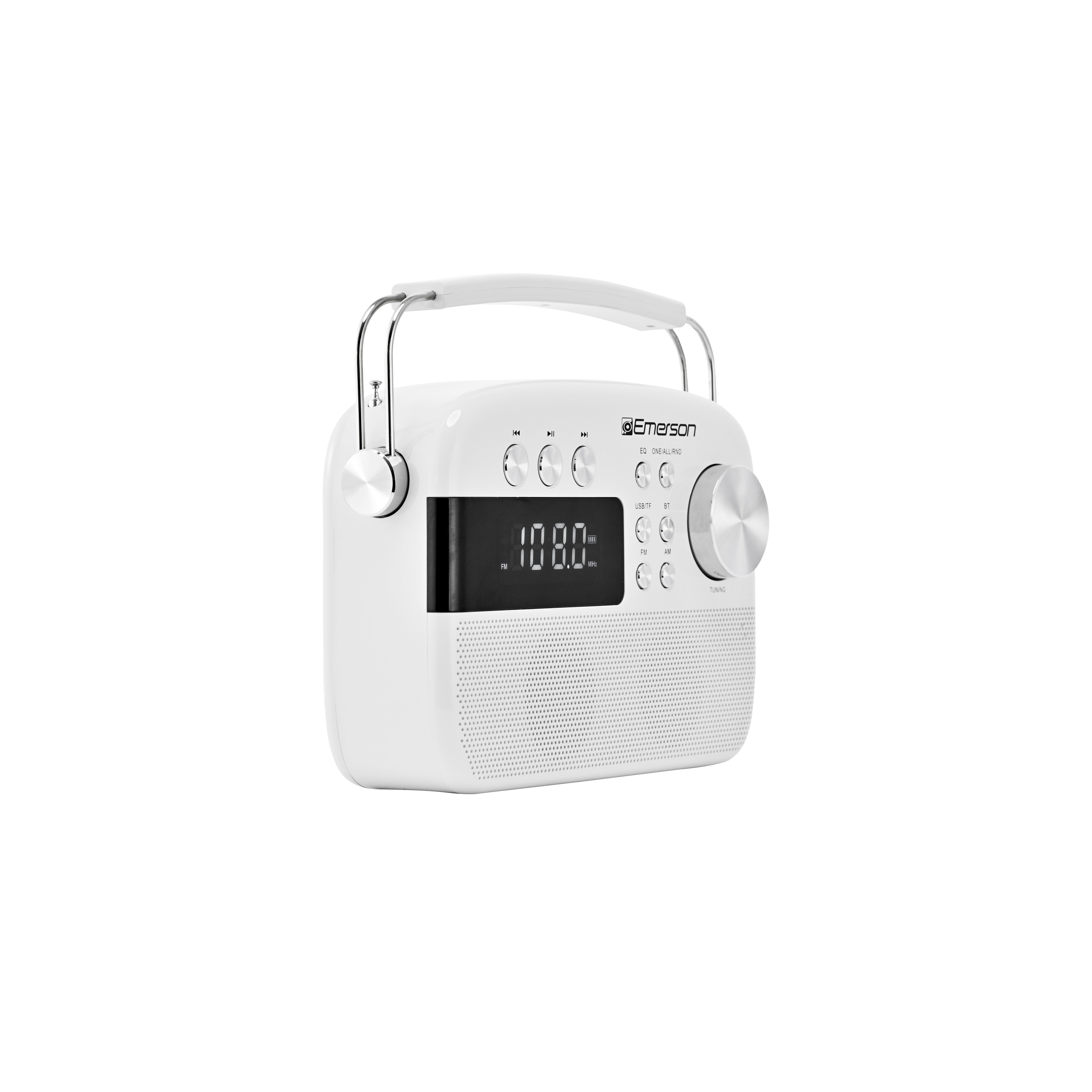 White portable retro radio, three-quarter front view